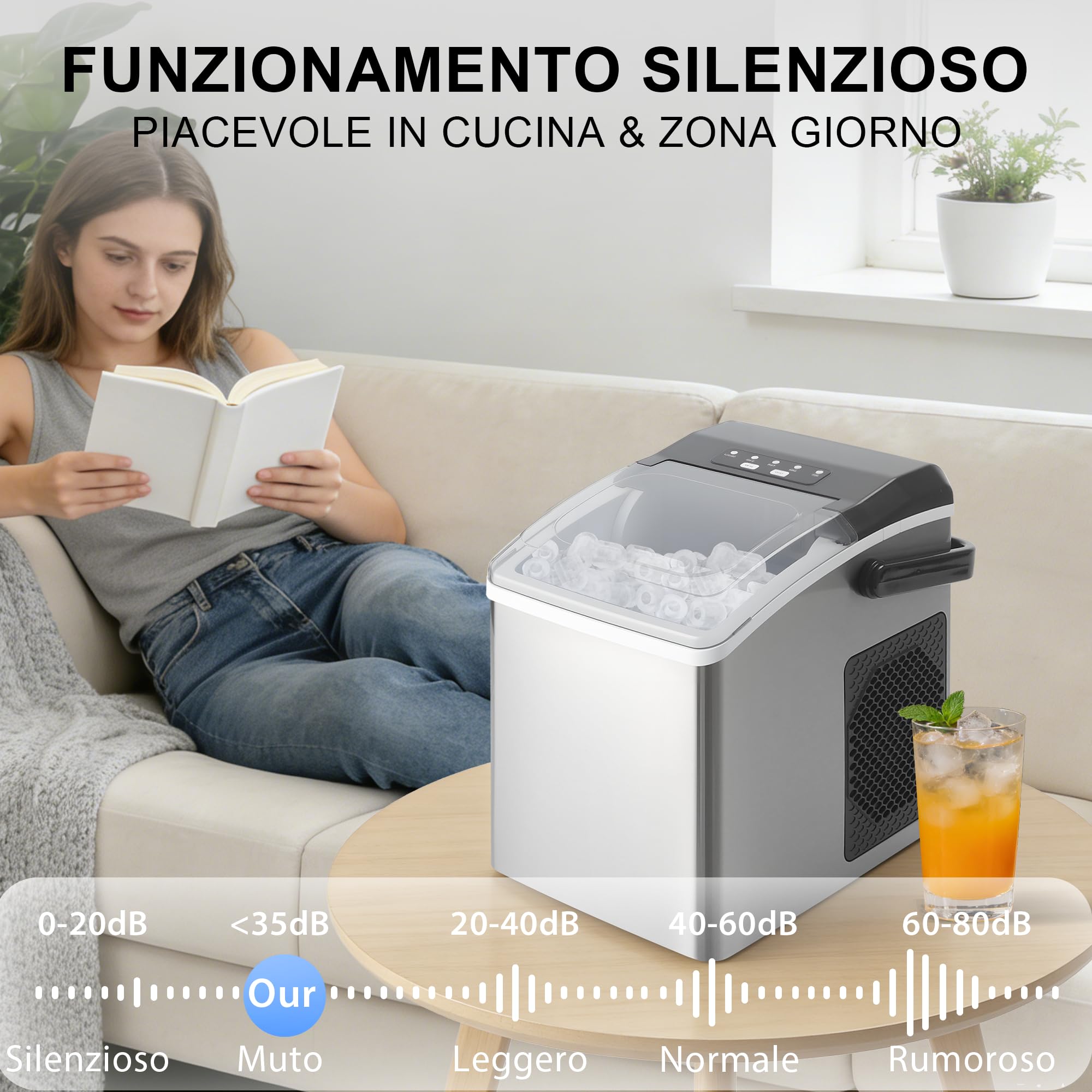 Citybee Macchina del Ghiaccio 12kg/24h con Maniglia Portatile, 2 Dimensioni di Ghiaccio, Silenzioso, 9 Cubetti in 6 Minuti, Ice Maker con Maniglia/Paletta/Cestello, Per Casa, Ufficio, Camper e Cucina