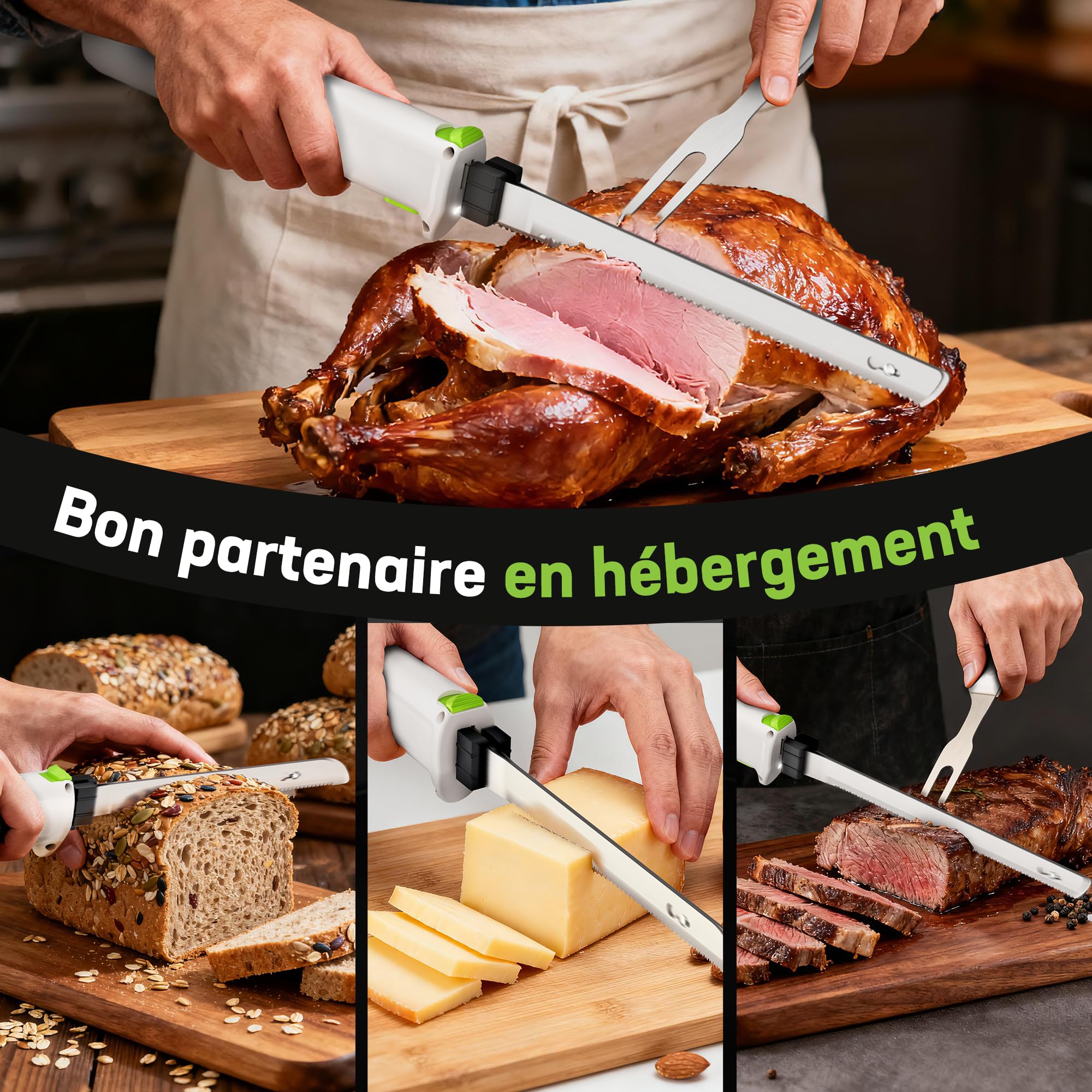 WORKPRO Couteau Électrique Sans Fil 8V, Couteau à Pain Électrique, 2 Lames en Acier Inoxydable, Fourchette, Lavable au Lave-Vaisselle, Idéal pour Couper Viande, Pain, et Plus, Étui Inclus, Blanche