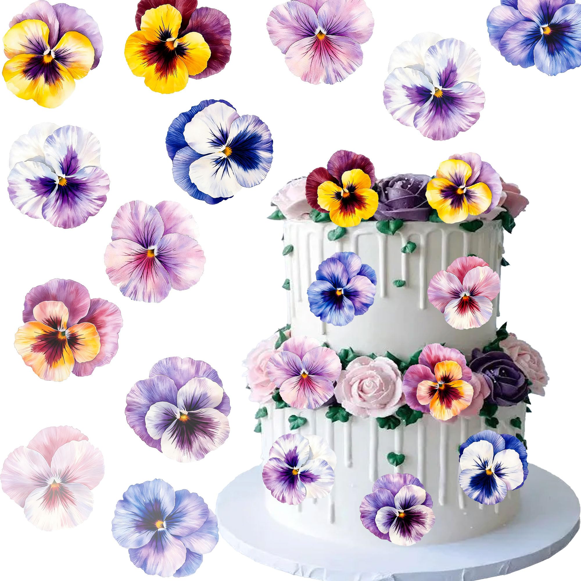 Gyufise 54Pcs Edible Flower Cupcake Toppers Wafer Paper Flat Pansies Cake Toppers Spring Bridal Engagement Baby Shower Birthday Party Cupcake Picks Anniversary Party Supplies Light Purple