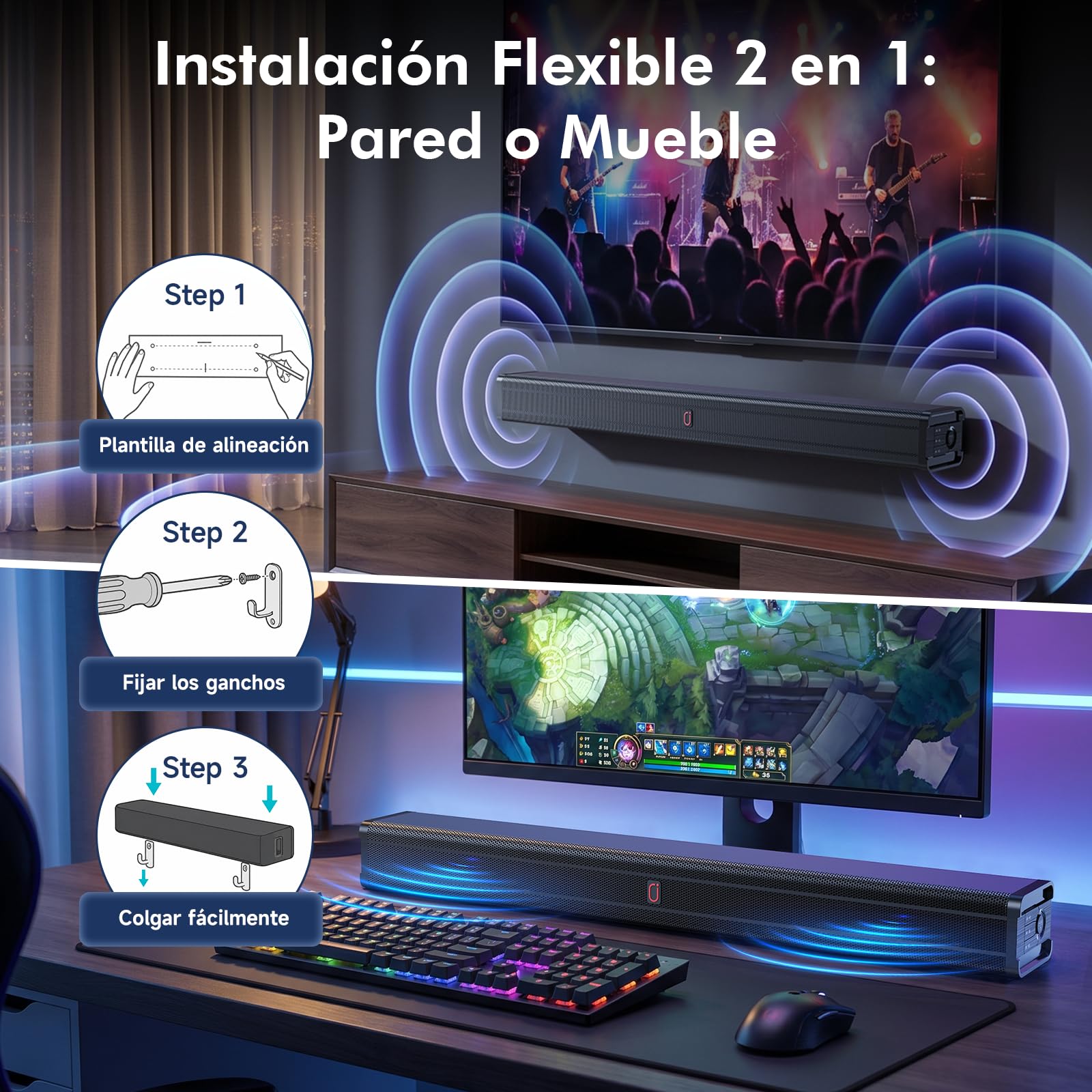 JYX Barra de Sonido para TV 200W, All-in-One Altavoces para TV con 4 Modos EQ, HDMI ARC, Óptico/AUX/USB, Bluetooth 5.4, con 2 Altavoces y Bass Reflex