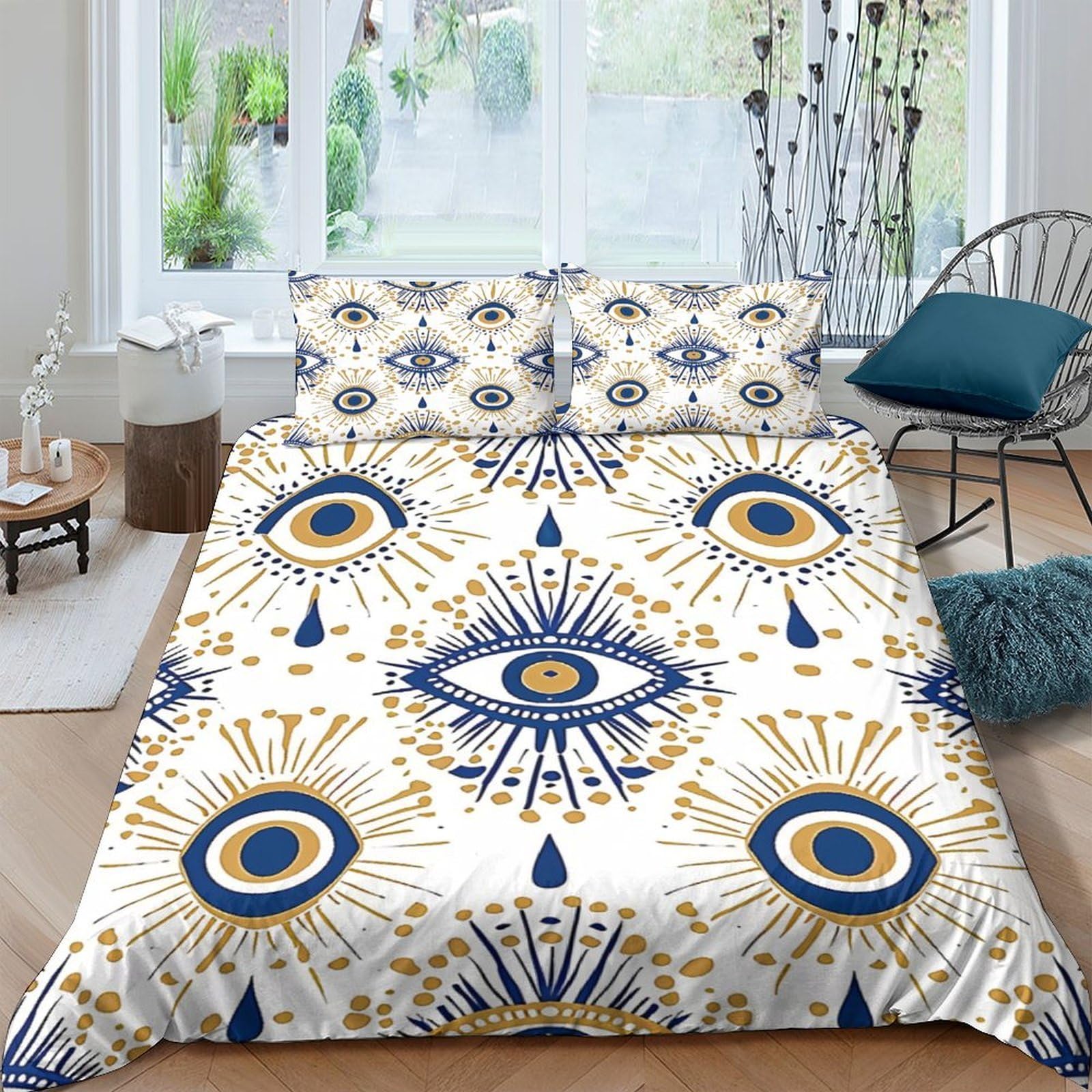 Ctjqhvkz Style-5 3D Printed Evil Eye Fitted Sheet Microfiber Blue Gold Eye Pattern Mattress Cover For Bedroom Guest Room Decor Single（135X200cm）
