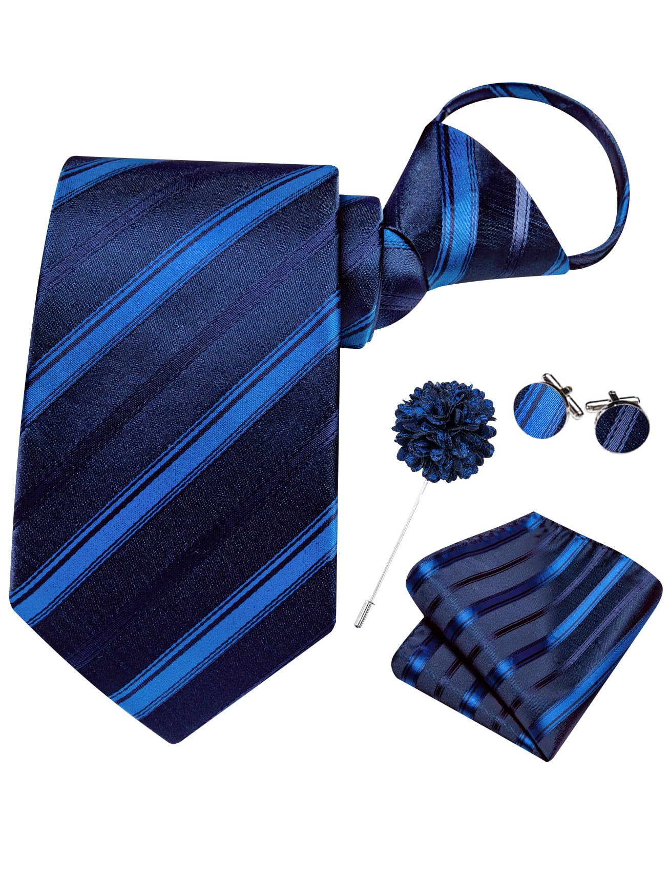 Hi-Tie Zipper Ties for Men Pre-tied Tie Set Lapel Pin Pocket Square and Cufflinks Formal Business Wedding Adjustable Necktie
