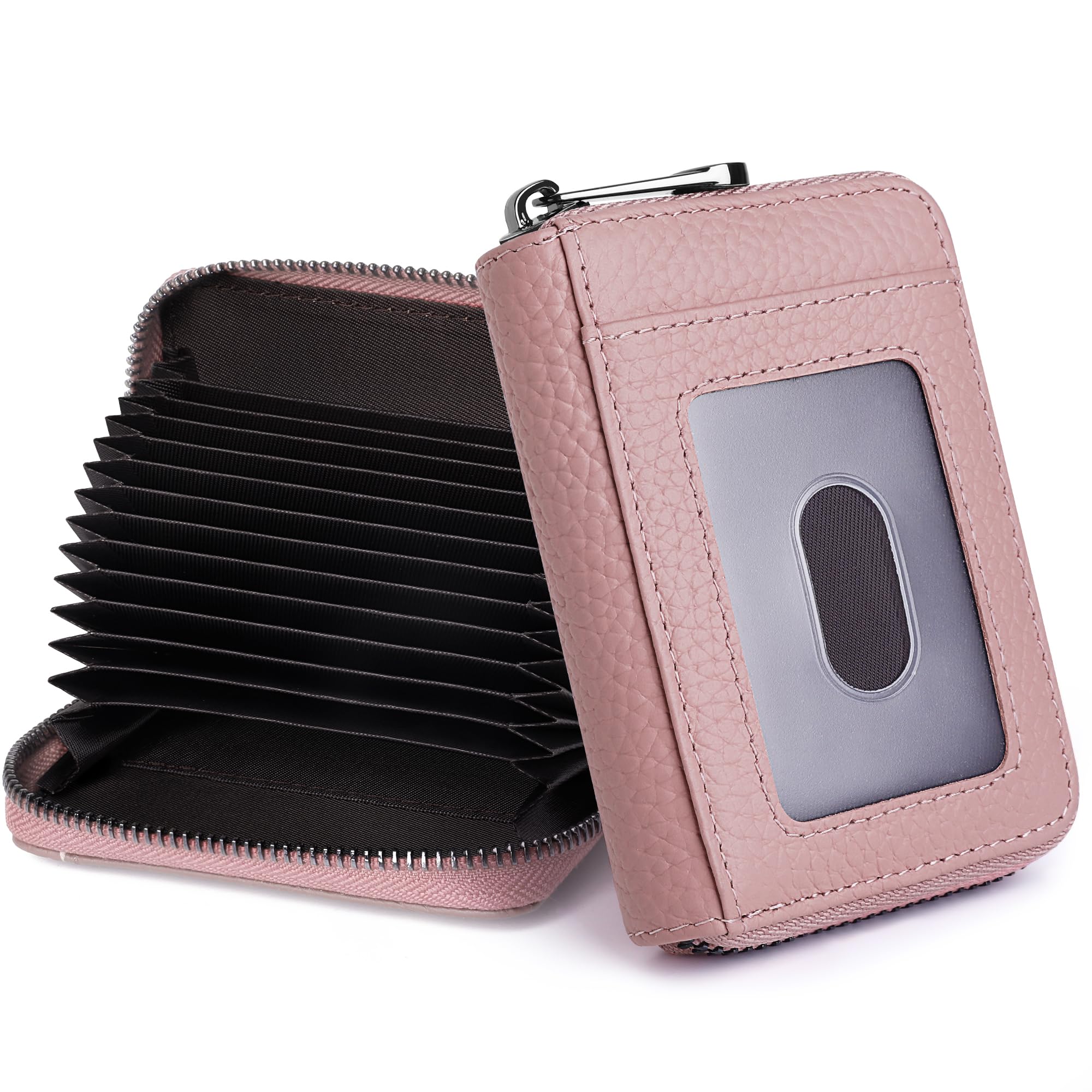 Badiya Genuine Leather Credit Card Holder RFID Blocking Accordion Small Card Case Wallet Zip Coin Purse for Women Men, A-Pink & ID Window, small