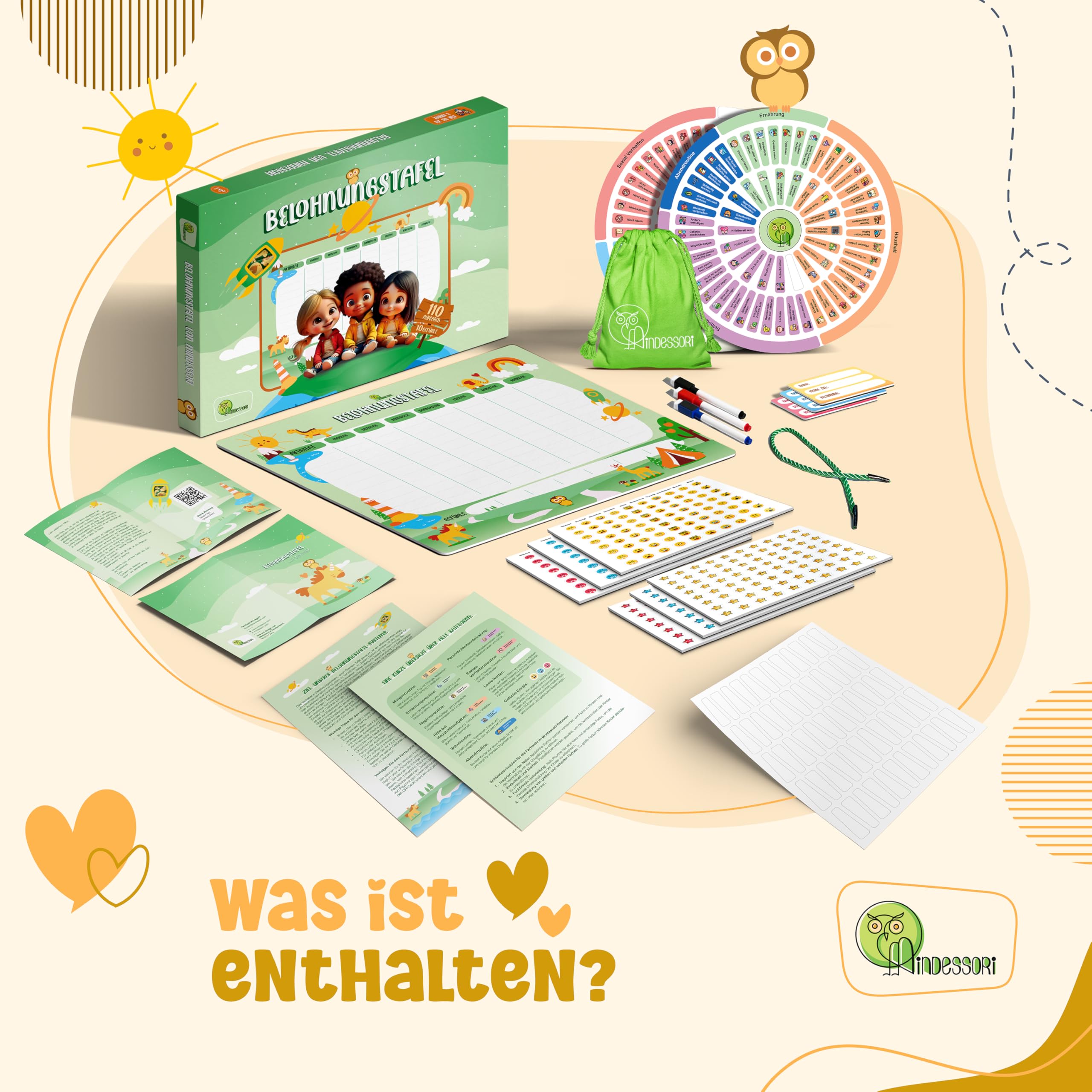 Belohnungstafel für Kinder - [110+20 Aufgaben - 480 Gefühle & Stern-Magnete] - Montessori Magnettafel für Emotionen, Verhalten, Verantwortung & Selbstständigkeit, Tasche, 3 Stifte