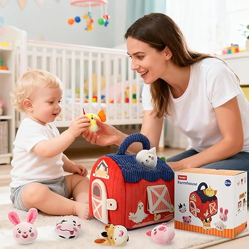 Miniatura 6 de Juguetes para bebés de 6 a 12 meses, juguetes de granja de animales de peluche con sonajero y espejo, juguetes Montessori para niños y niñas de 1