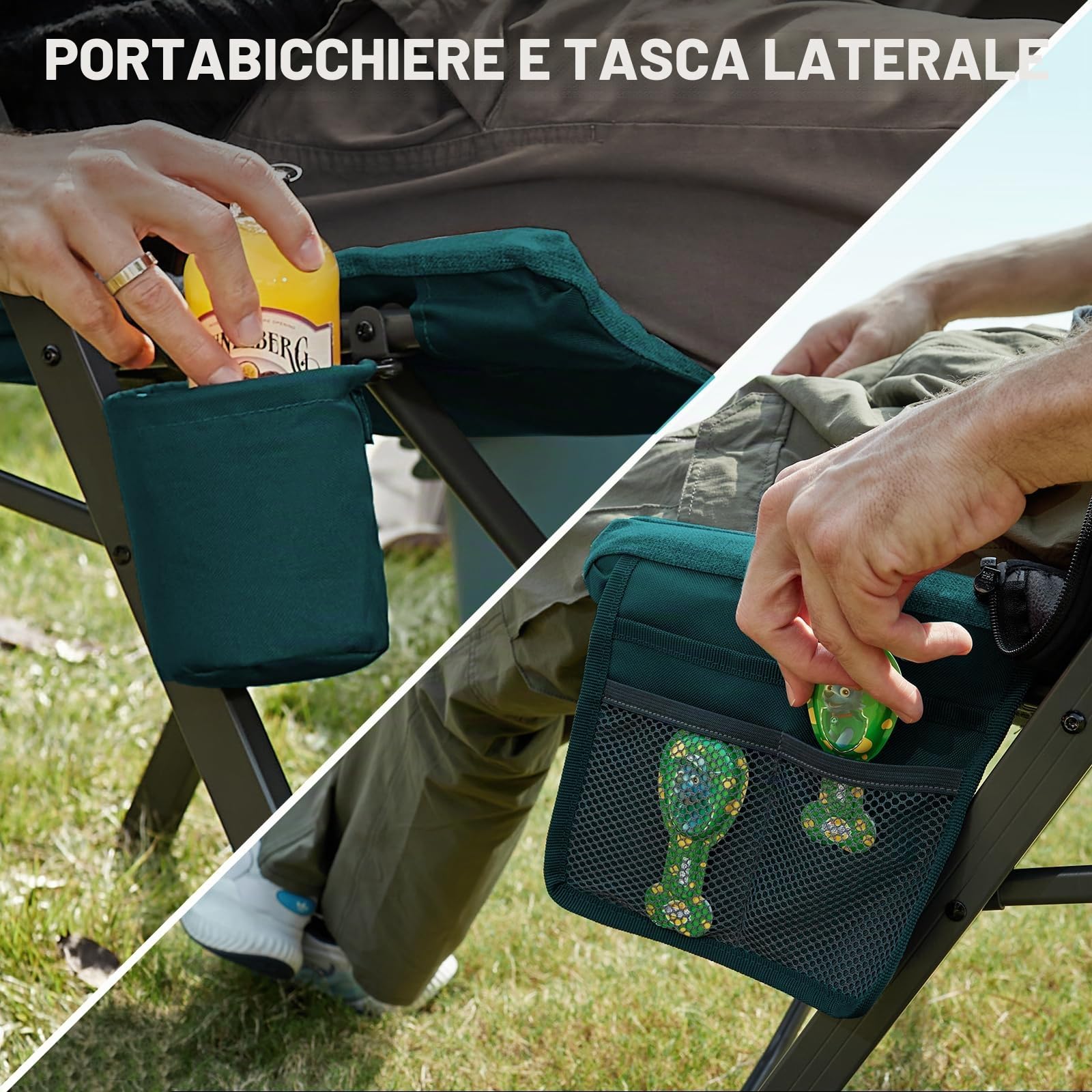 EVER ADVANCED Sedia da campeggio pieghevole con schienale regolabile in 4 posizioni fino a 150 kg, sedia pieghevole spessa 6 cm, imbottita con tasca laterale e porta bevande, sedia da giardino