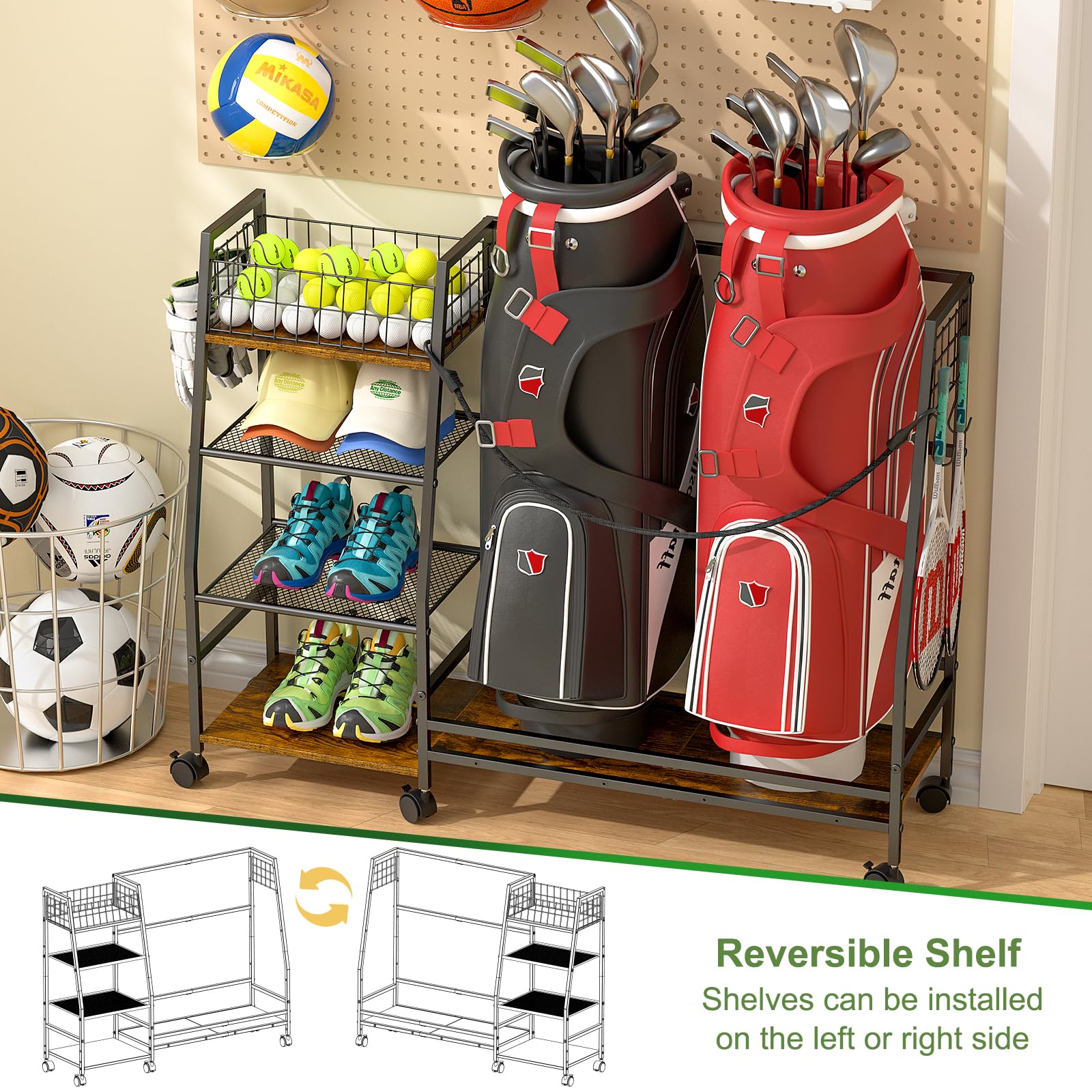 DAOUTIME Golftasche Garage Lagerregal mit Rollen, Organizer für 2 Golftaschen und Ausrüstungszubehör, ideal für Zuhause, Garage, Club, Schuppen, Keller – Stabile Holz- und Metallkonstruktion (Schwarz)