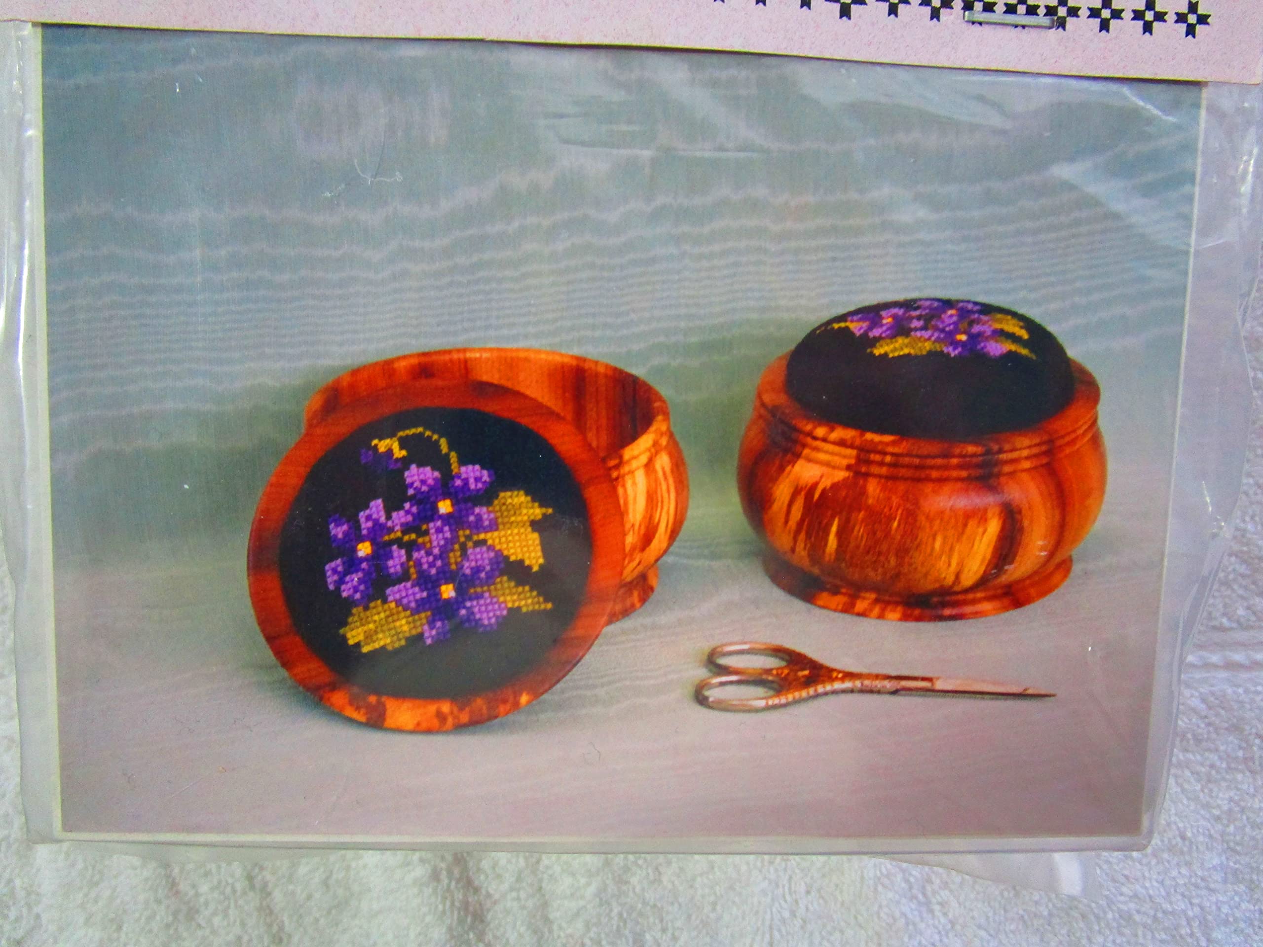 Trio of Violets 3 Inch Needlepoint Pin Cushion Box Kit
