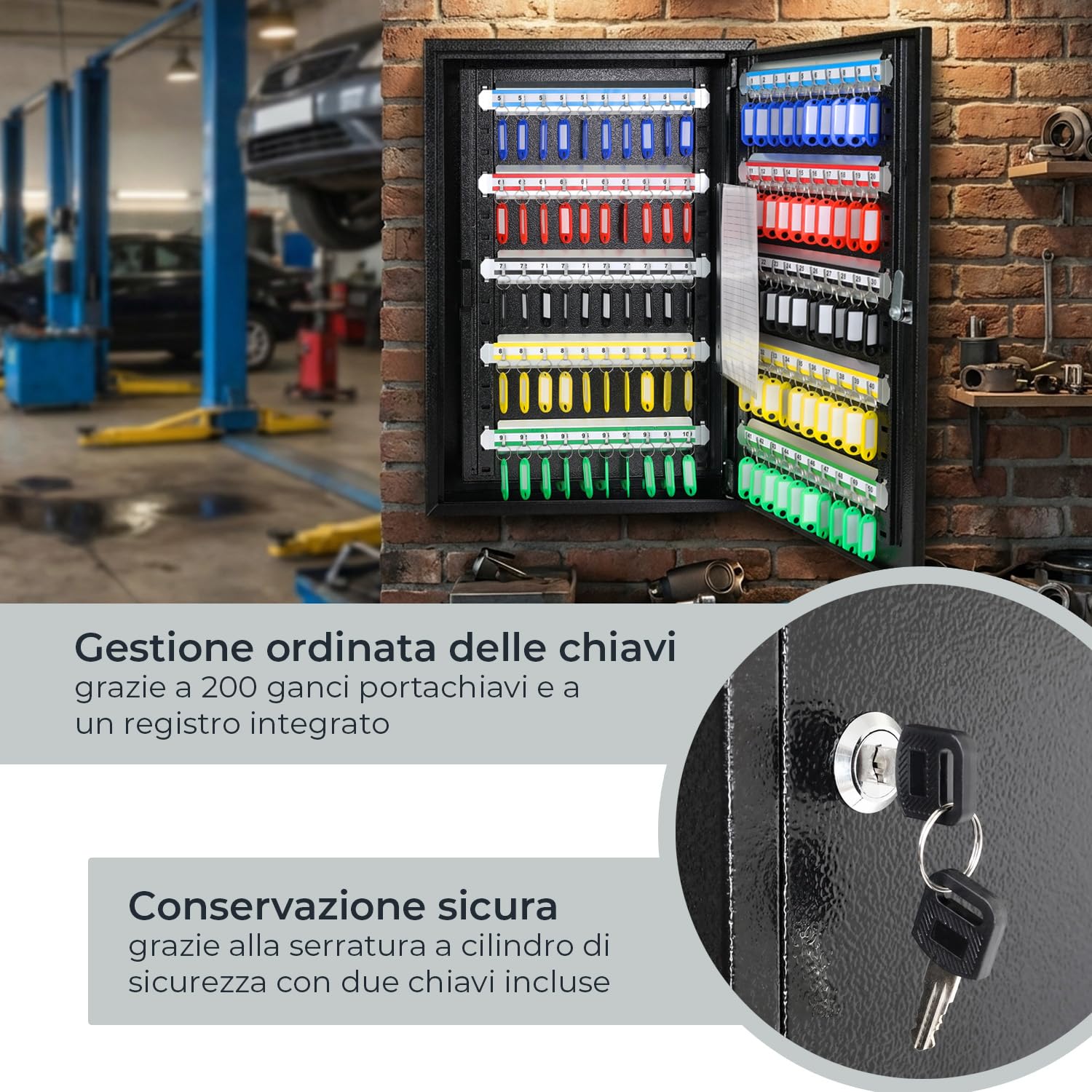 HMF Armadietto Portachiavi Grande in Acciaio, Cassetta Porta Chiavi da Parete con Serratura per Ufficio, Amministrazione o Parco Veicoli | 200 Ganci Portachiavi | 55 x 38 x 14 cm | Nero