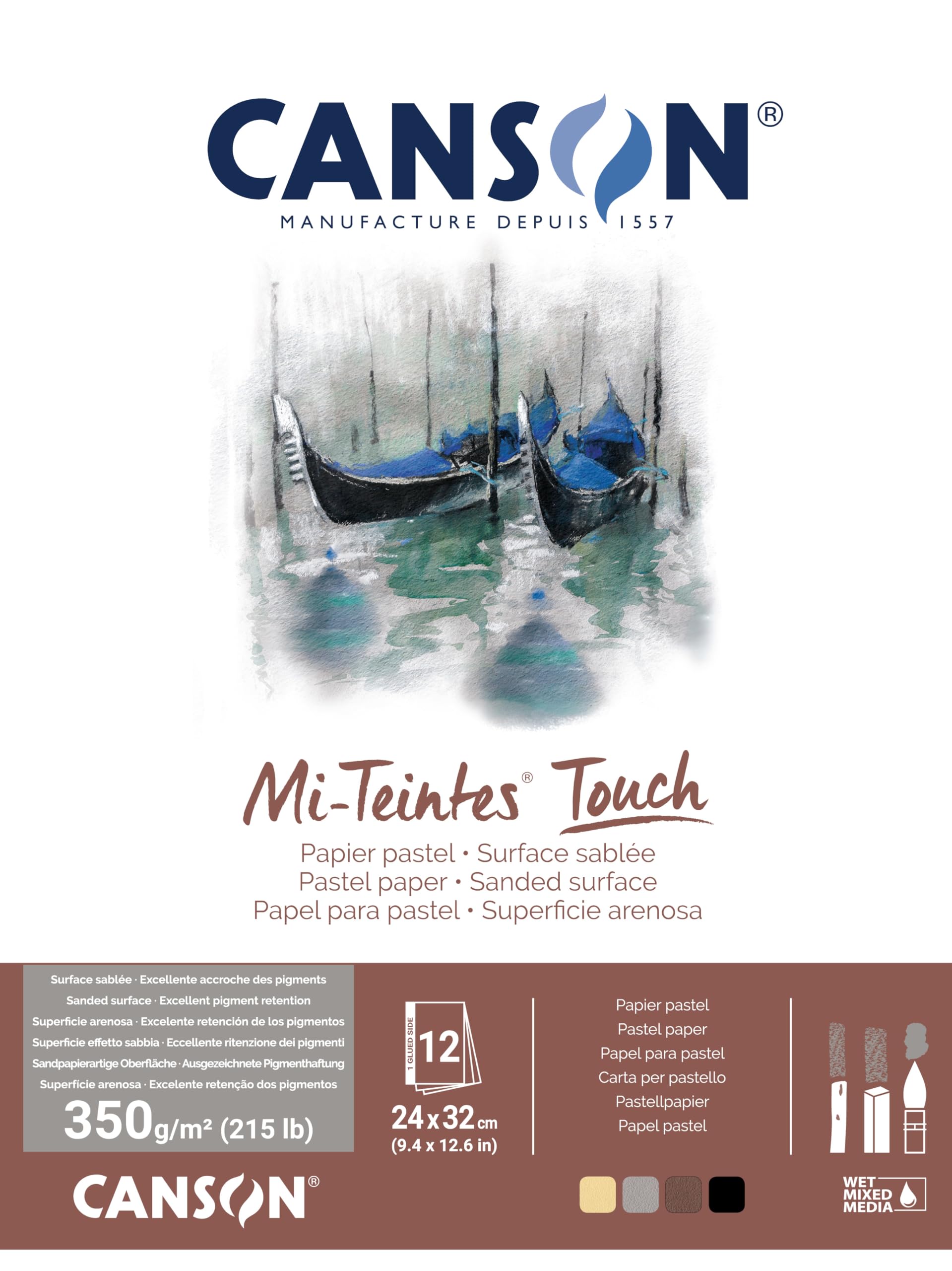 CANSON Mi-​Teintes Touch - Bloc 12 feuilles de papier pastel 24x32 - 350g/​m² - 4 couleurs assorties