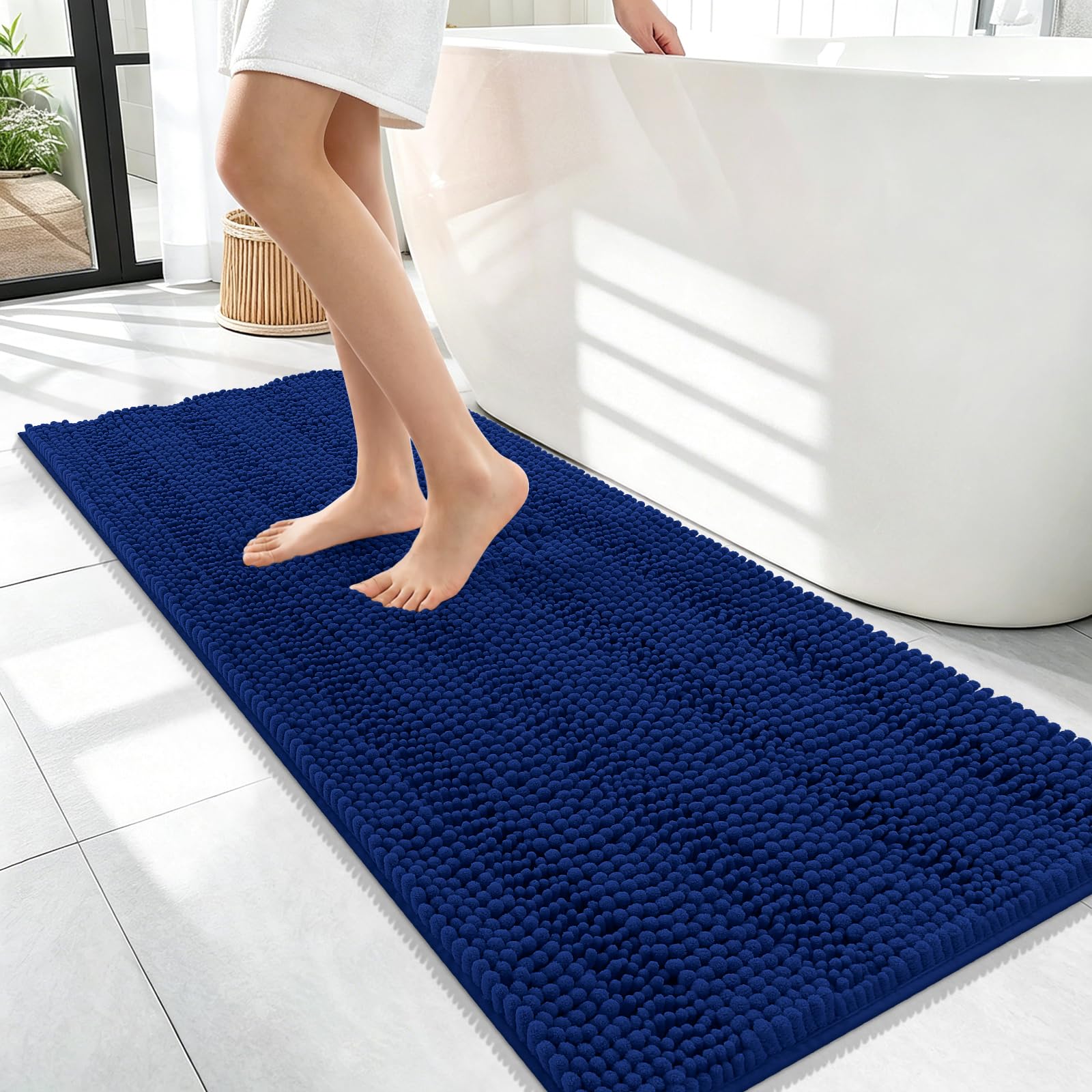 OLANLY Thick Bathroom Runner Rugs 47x17, Soft Chenille Long Bath Rugs, Navy