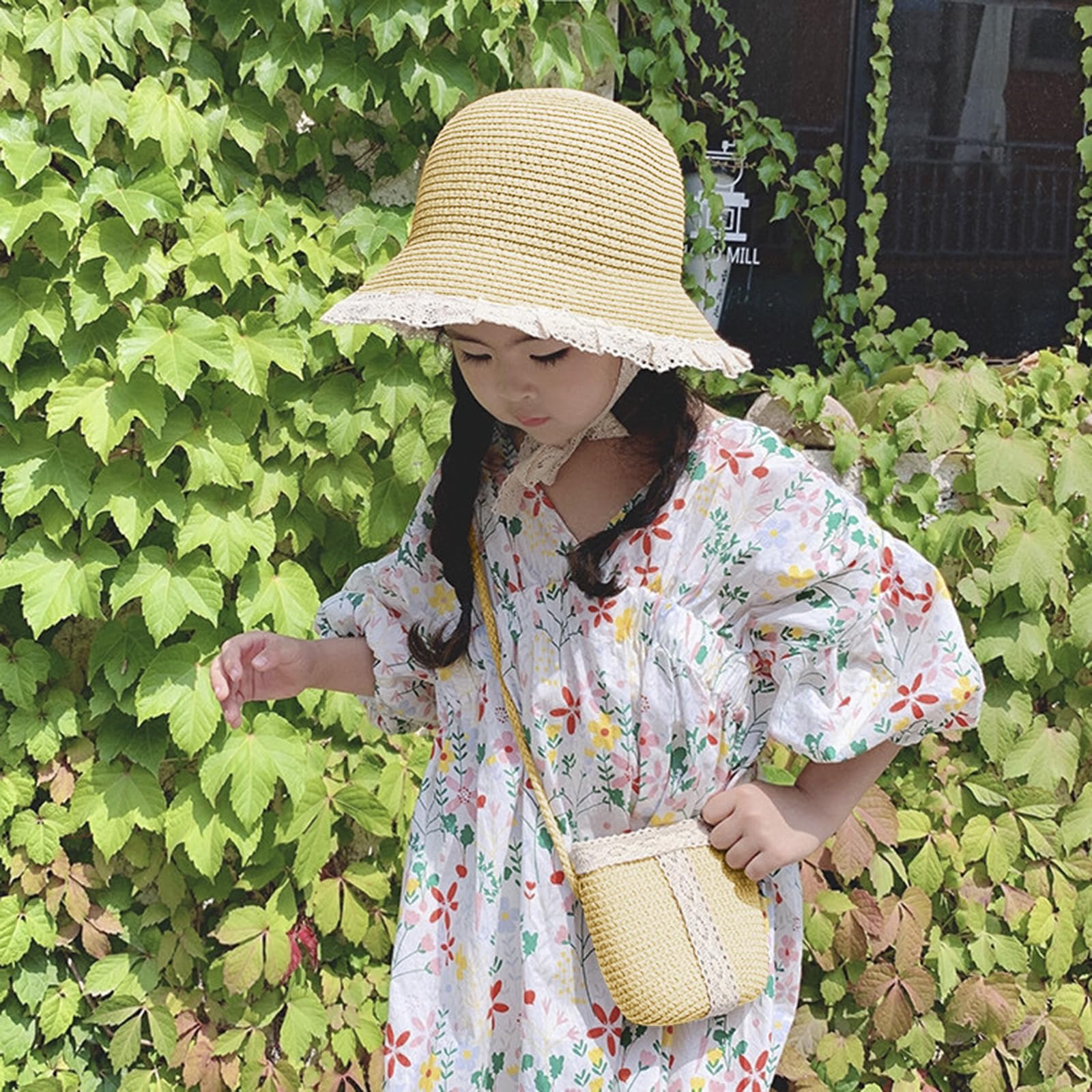 RUIXIA Ensemble Chapeau de Paille et Sac de Paille pour Fille Chapeau de Soleil avec Dentelle pour Fille Chapeaux de Soleil d'été Enfant pour Plage Voyage Randonée 2-5 Ans