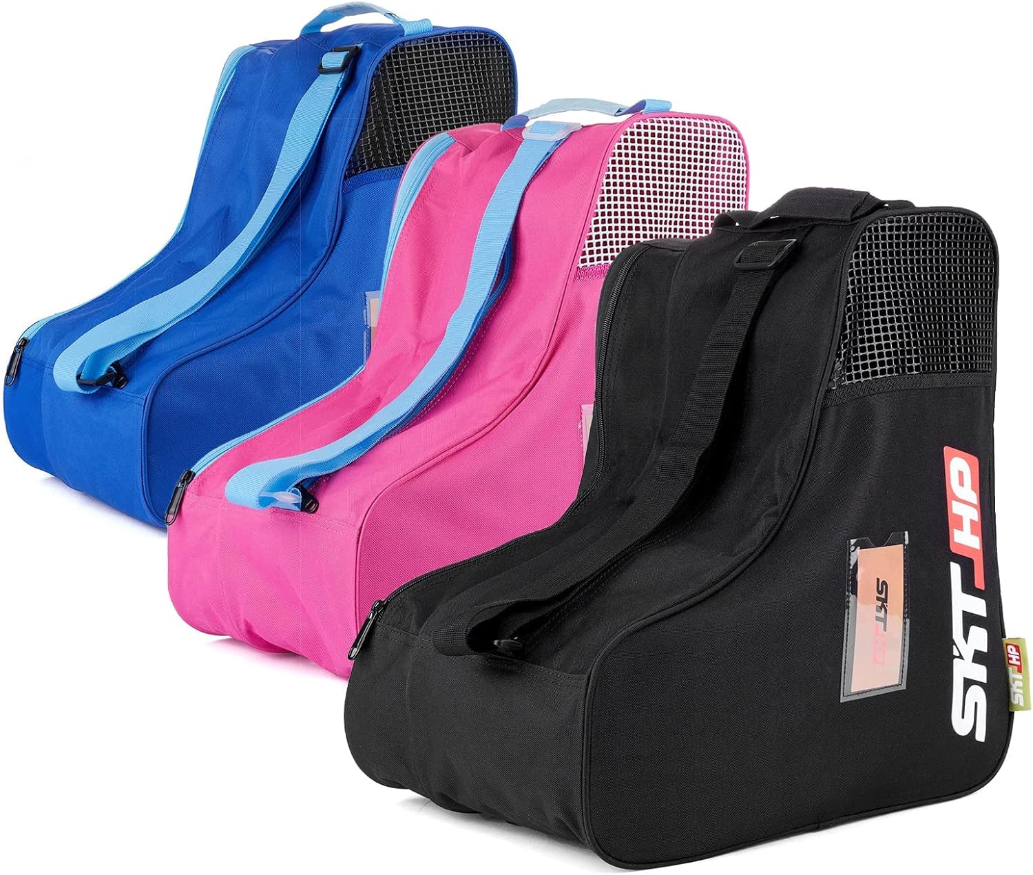 Roller Skate Bag 3 Pack with Adjustable Shoulder Strap for Kids And Adults to Hold Inline Skates Roller Skates Knee pads Helmets Black Blue Pink