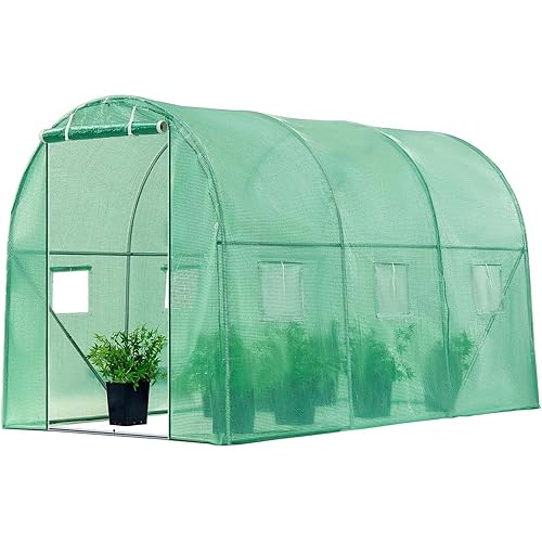 VIVOSUN 10x7x7 Ft. Large Walk in Greenhouse, Greenhouse Tunnel, Garden Plant Hot House with Green PE Cover, Roll-up Zipper Door and Window for Outdoor
