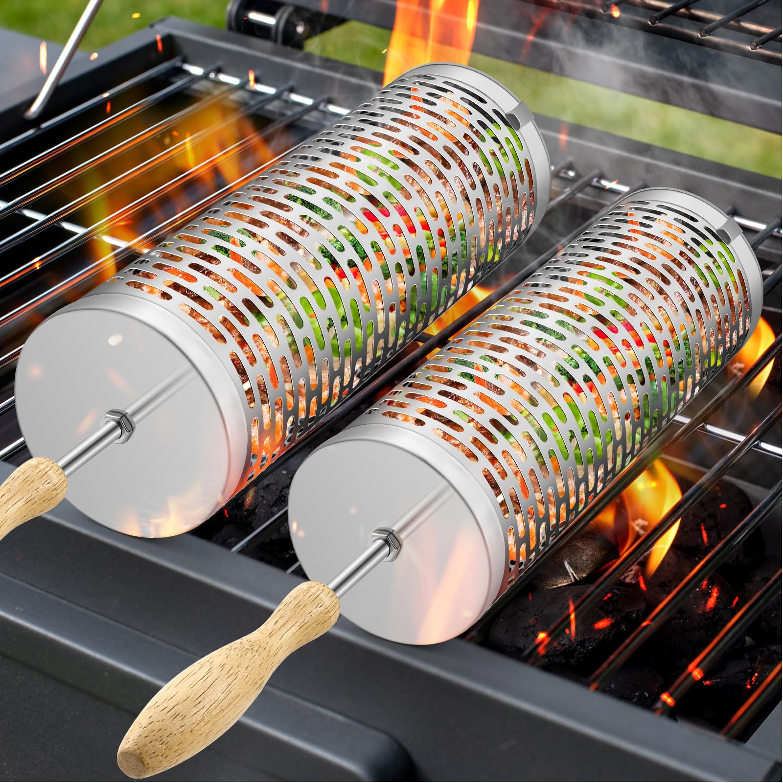 Vasitelan 2 Pcs Nesting Grill Baskets,304 Stainless Steel, Rolling Grilling Net, BBQ Accessories Tools for Vegetables Shrimp, Outdoor Cooking Camping (B Style)