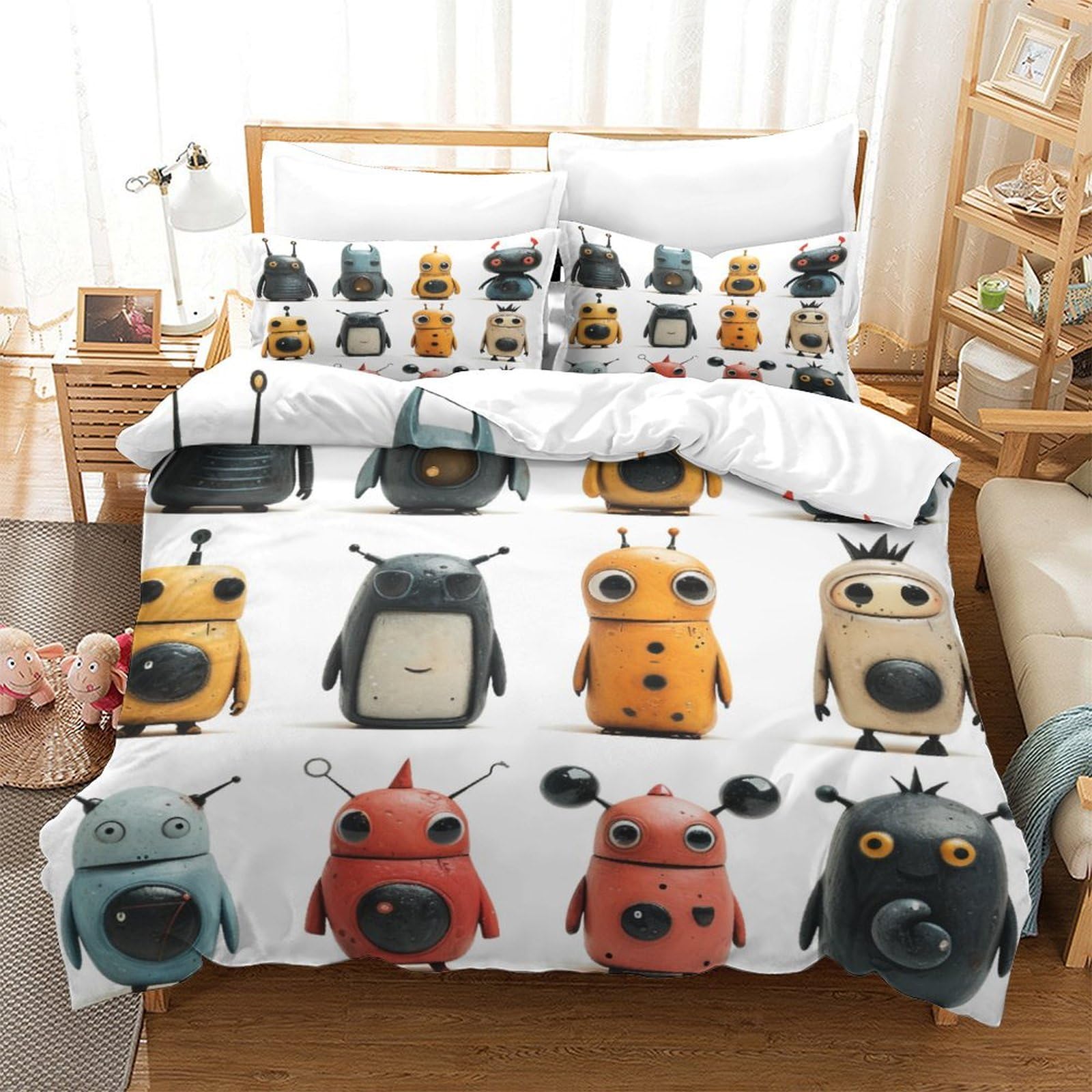 P1S9U7W5Y 3D Printed Cute Robot Pattern 3pcs Microfiber Duvet Cover Set Decorative Robot Bedding Set Double（200x200cm）