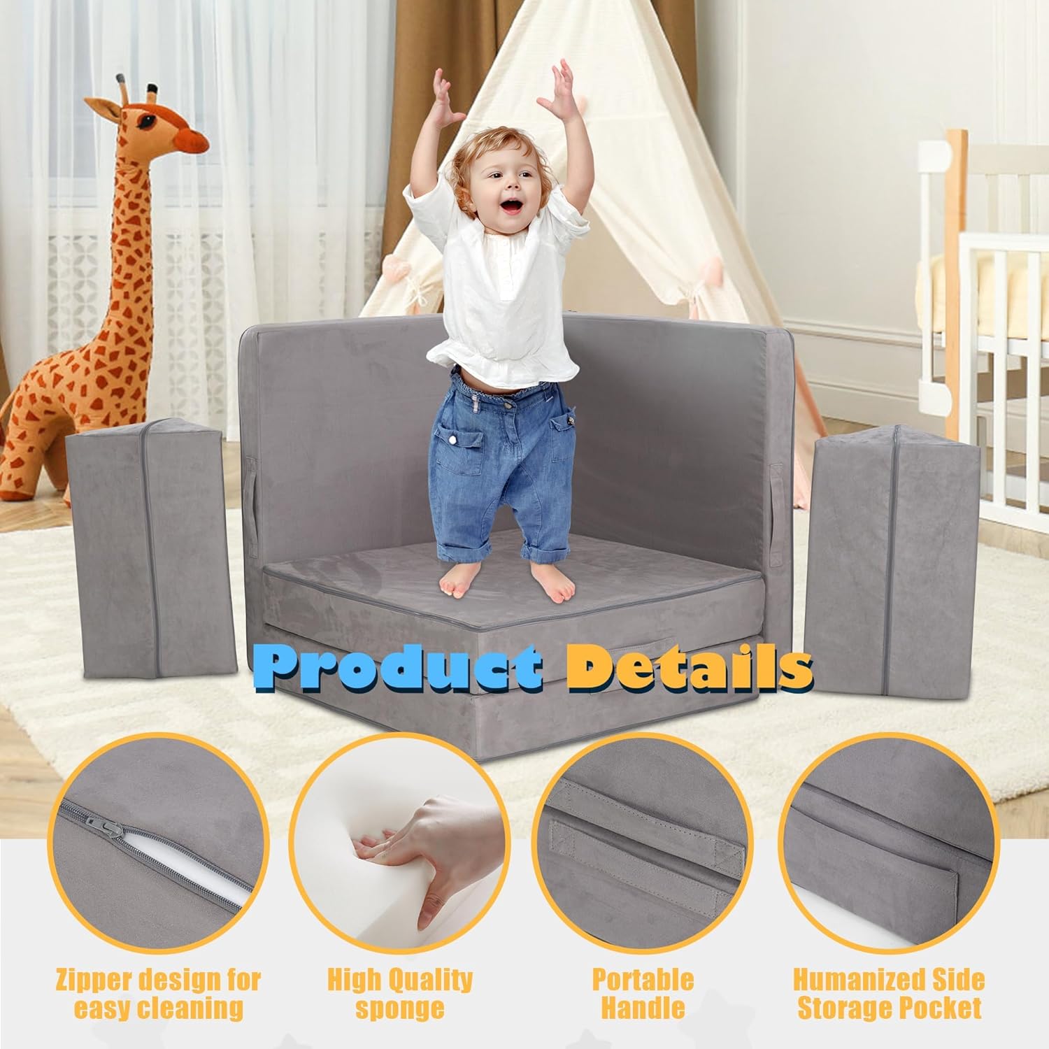 Ulax furniture Kids & Toddler Play Couch - Convertible Folding Sofa with Durable Foam, Modular Design for Versatile Play & Relaxation
