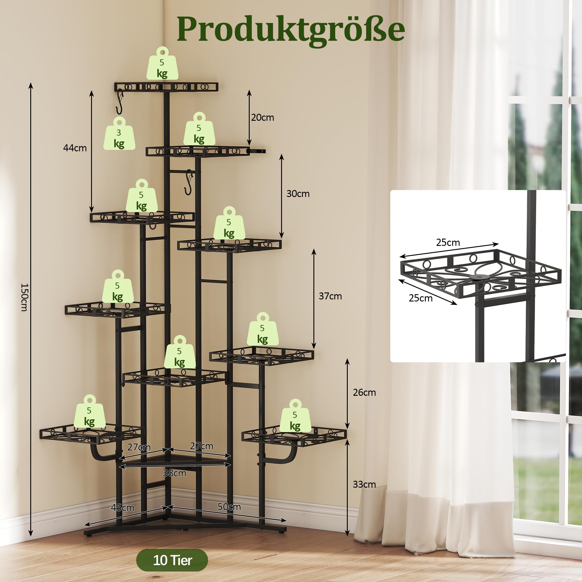 Quikraen 9 Ebenen Blumenständer, Pflanzenständer, 150cm, Metall, Schwarz | L-förmiges Design Pflanzenregal, Outdoor & Indoor Blumenregal, Blumentreppe für Wohnzimmer, Garten, Balkon, Rostbeständigen