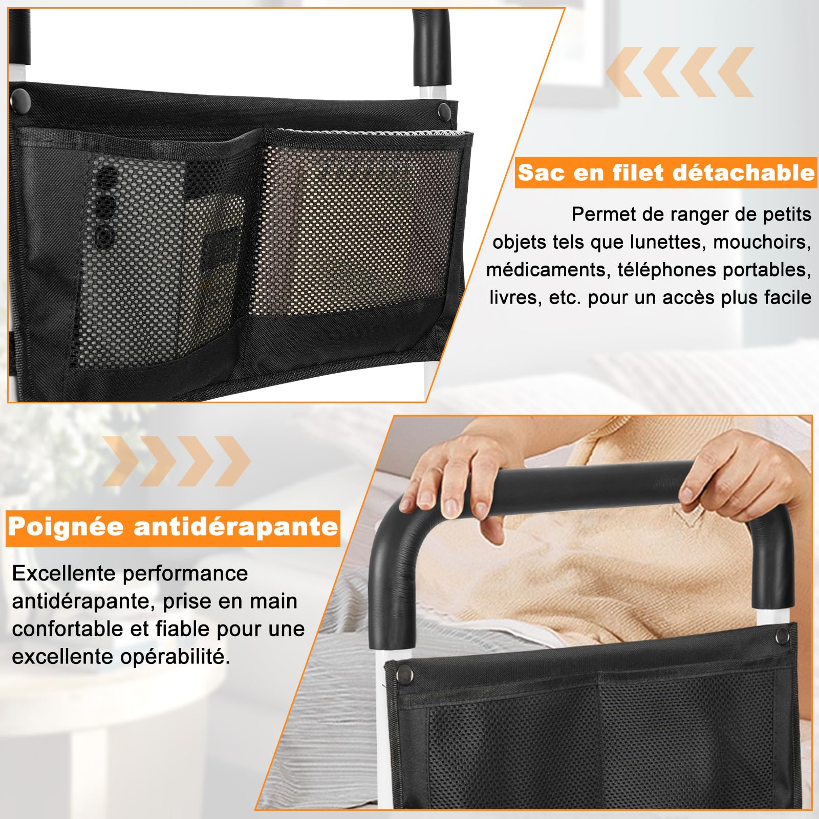 OUUTMEE Barriera del letto con piede di sostegno, regolabile in altezza, max. 150 kg | Maniglie per letto di sostegno, maniglia antiscivolo, borsa di stoccaggio, anti-caduta e sicurezza per anziani