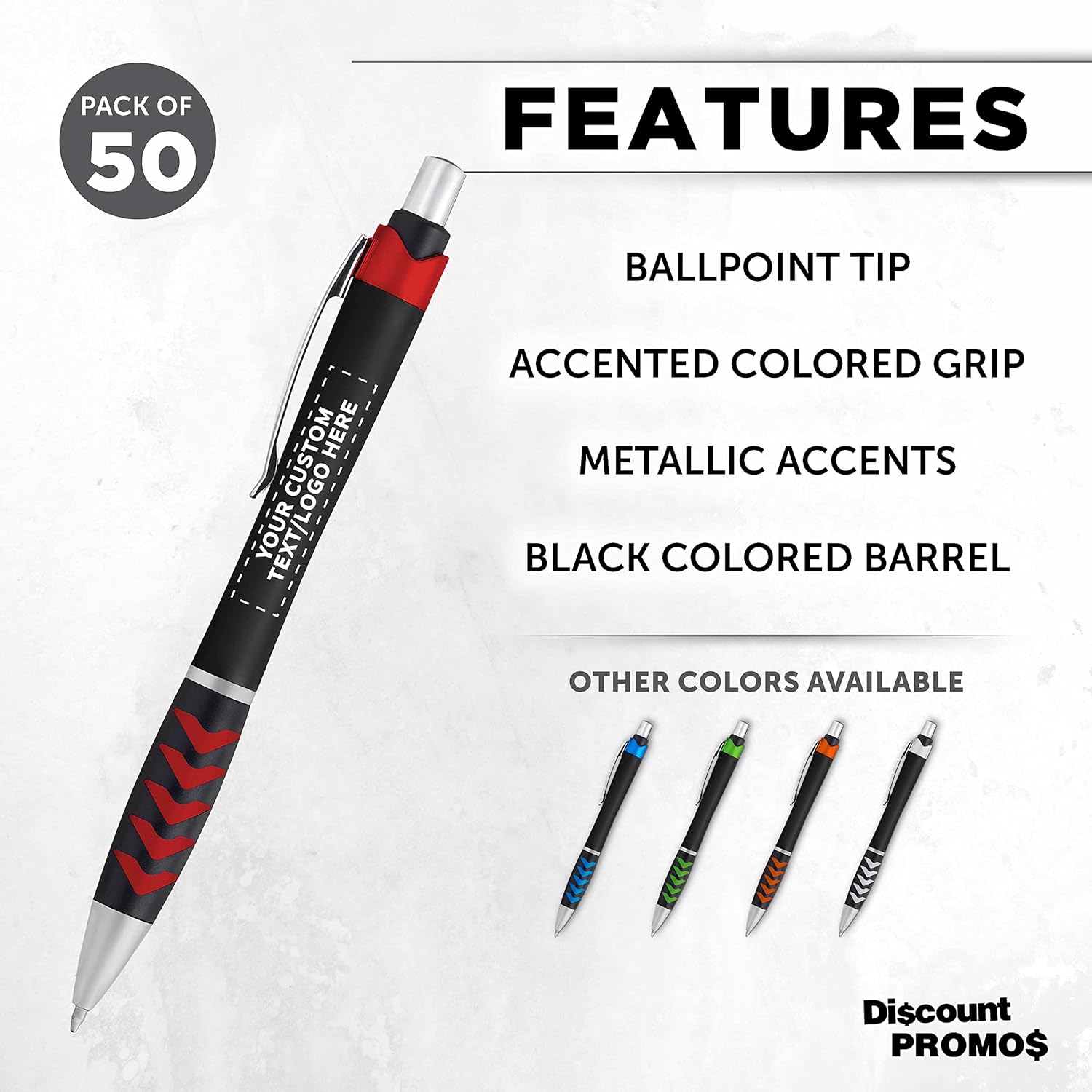 DISCOUNT PROMOS Personalized Racetrack Ballpoint Pens with Metallic Accents - 50 pack - Plastic Pens - Customizable Text, Logo - Red