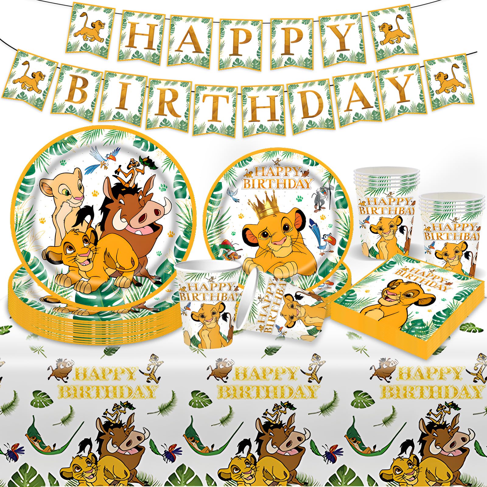 52 PCS Lion King Birthday Decorations, Party Decorations Party Supplies Paper Plates Cups Napkins Tablecloth , Tableware Set for 10 Guests