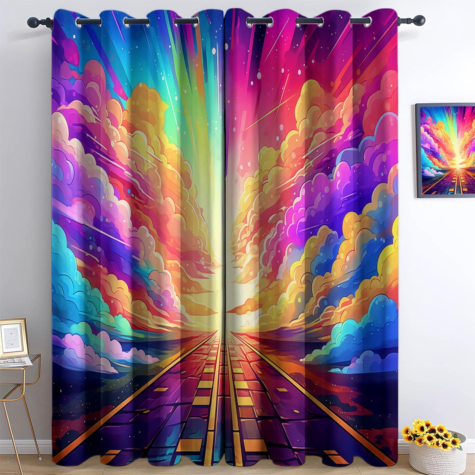 Couleur Rideau Occultant à Oeillets, Rêve Univers Nuages Route Rideaux Isolant Thermique Anti Bruit, Protection de la Vie Privée Décoration Rideau pour Chambre à Coucher 110 x 215 cm, 2 Pièces