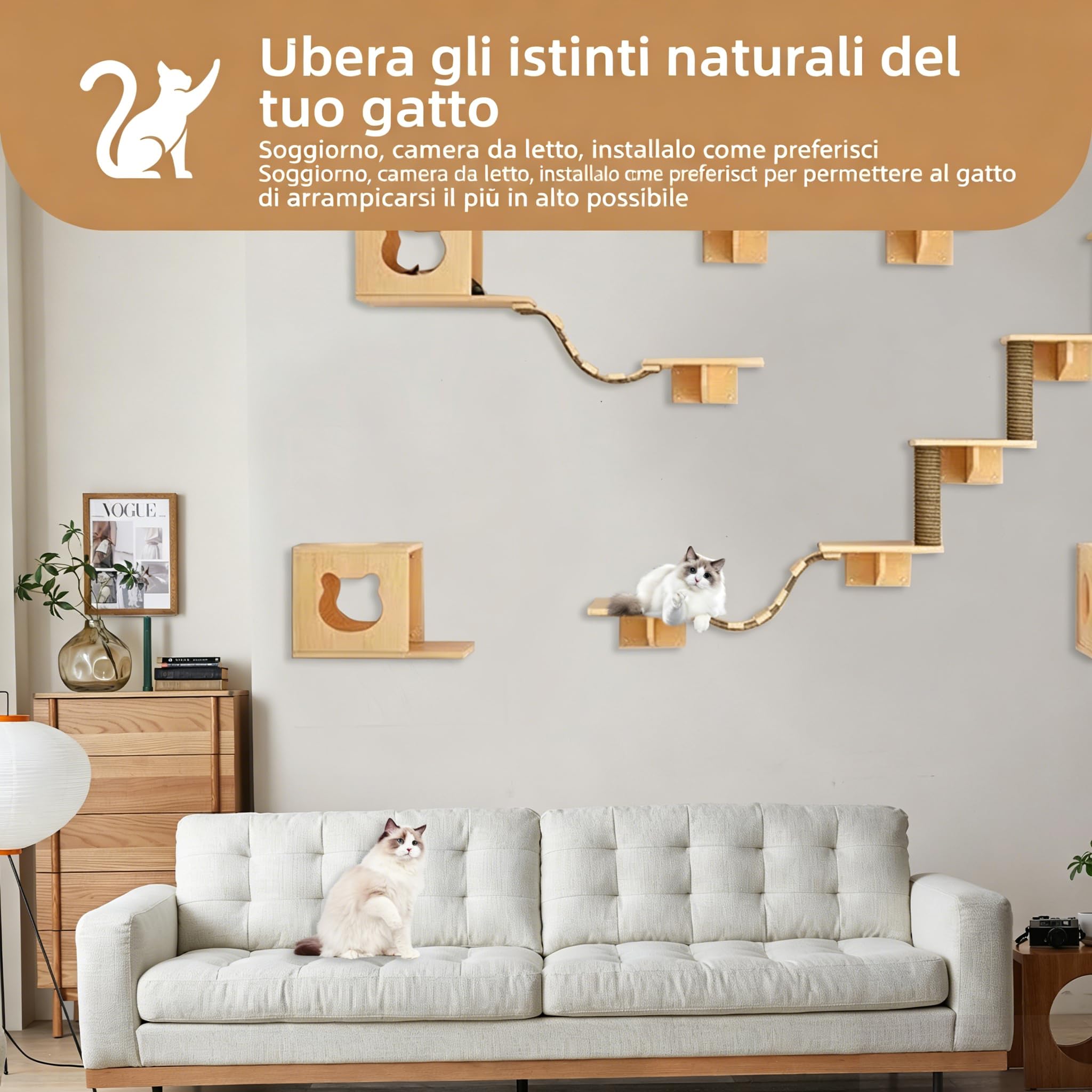 Set da parete per gatti, elementi da parete per gatti, in legno massiccio, set di mobili da parete per gatti, con casetta per gatti, scala per gatti, trampolino per gatti