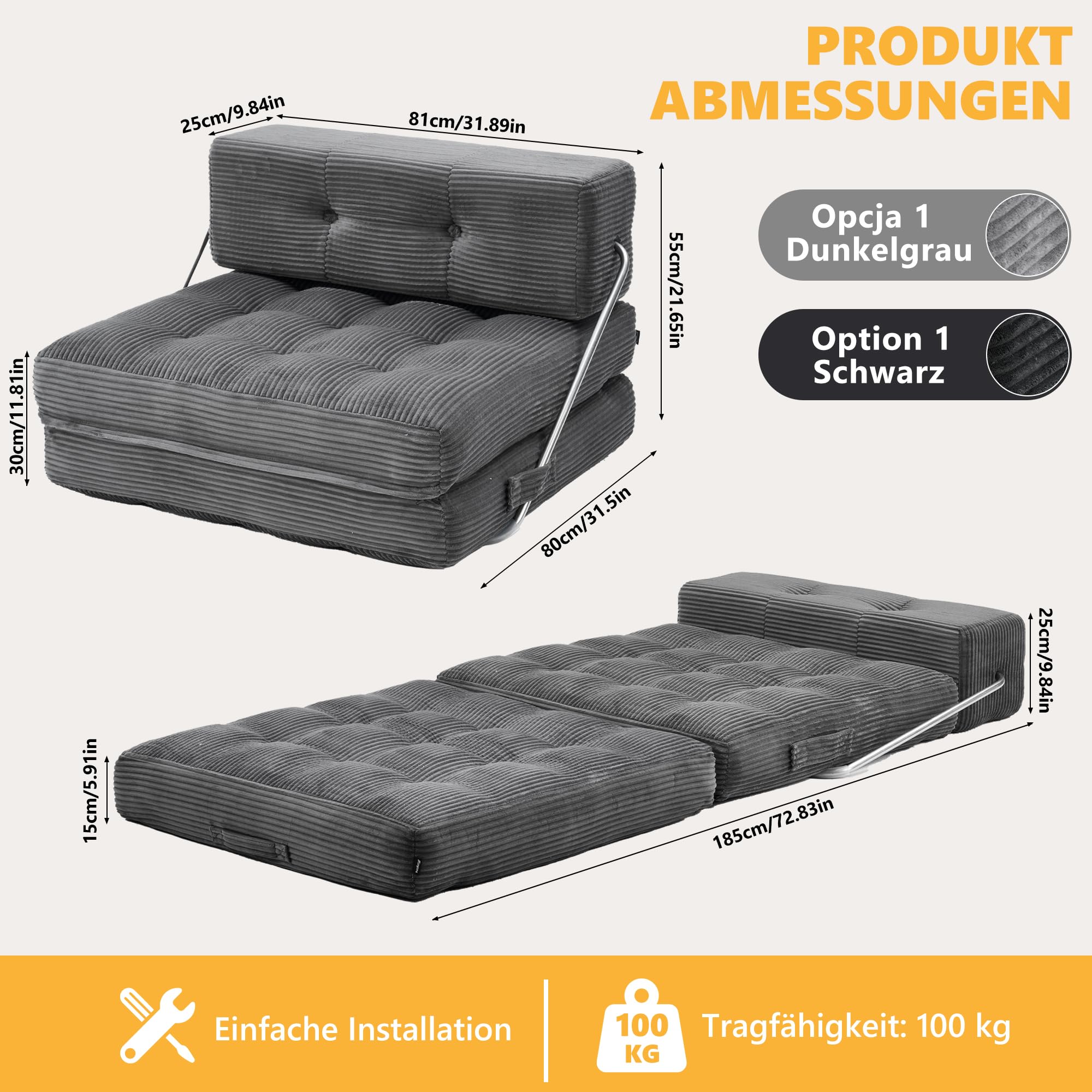 Mingone 3-in-1 Schlafsessel, Boneless Couch mit Bettfunktion Grau