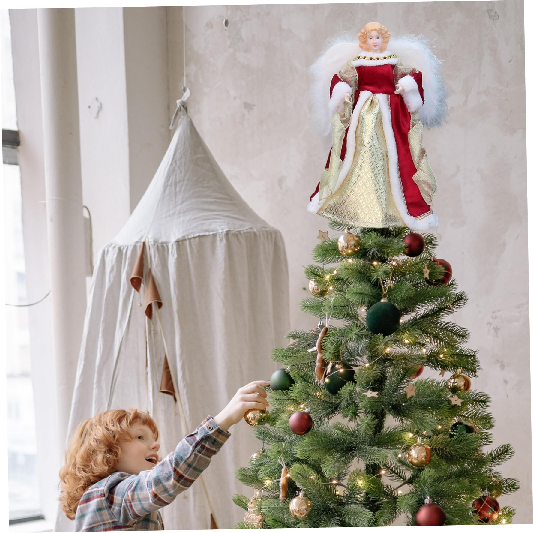 Adorno para árbol de Navidad con Forma de ángel, Adorno para árbol de ángel Rojo y Dorado de 11, 8 Pulgadas con ala emplumada para decoración navideña del hogar.