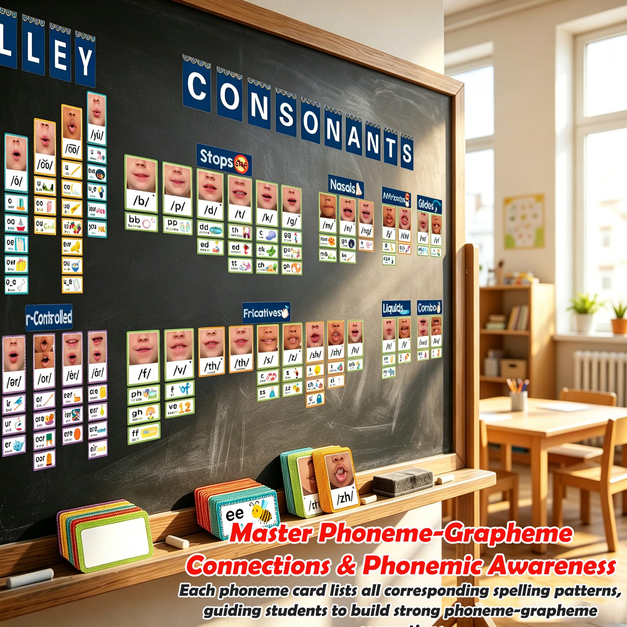 Sound Wall Classroom Phonics Kit, nauka czytania dźwiękowych spółgłosek ściennych i wystrój sali lekcyjnej Vowel Valley, świadomość fonemiczna, materiały do terapii mowy ESL (220 kart)