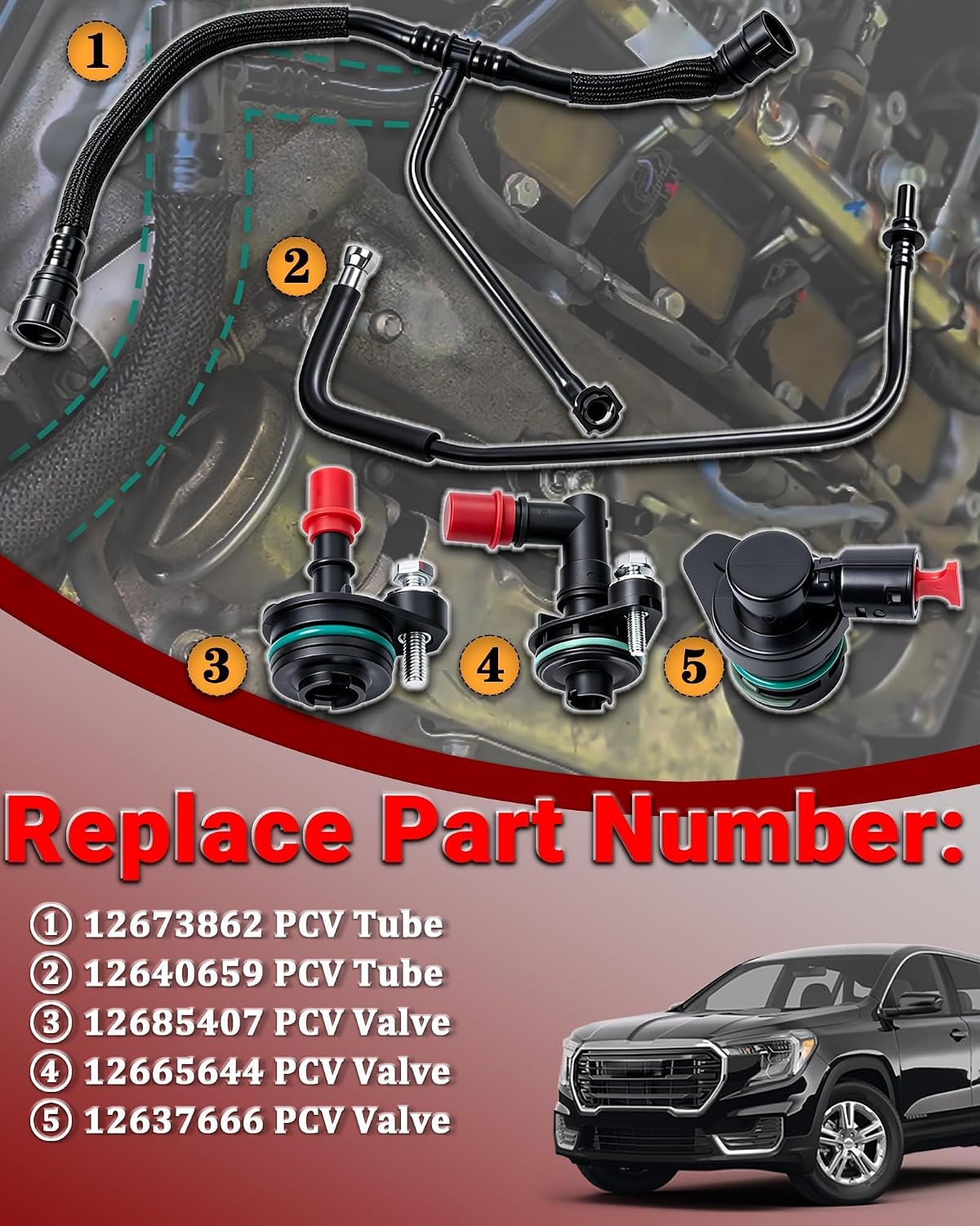 5Pcs PCV Valve and Tube Repair Kits Fit for Chevrolet Cruze 1.4L 16-19 Trax 1.4L 19 Malibu 1.5L 16-24 Replace 12640659 12685407 12637666 12673862 12665644