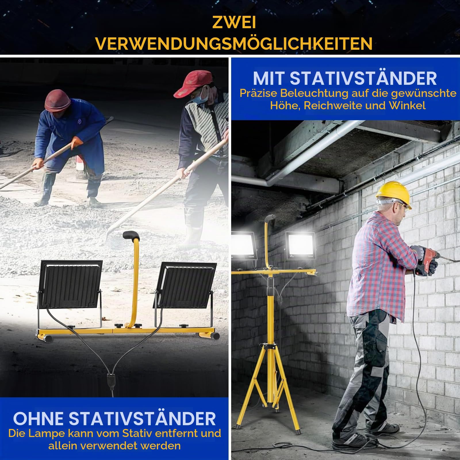 Yofuly LED Baustrahler mit Stativ, 200W Arbeitsleuchte 15000 Lumen Bauscheinwerfer Baustellenlampe IP66 Wasserdichte mit 3M Kabel, 6500K Tragbare Bodenstandleuchte Höhenverstellbar bis Max. 160cm