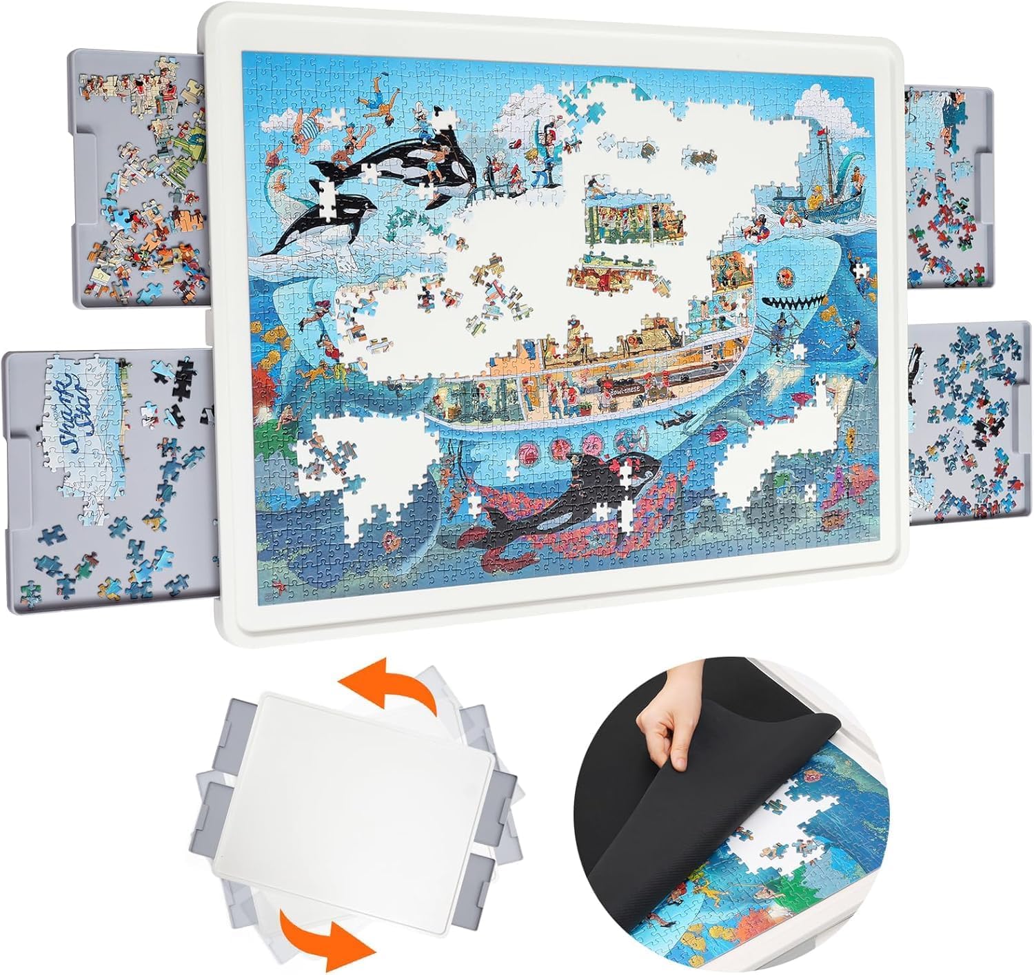 1500 Pieces Rotating Plastic Puzzle Board with Drawers and Cover, 35"x27" Portable Spinning Jigsaw Puzzle Table for Adults, Upgraded Lazy Susan, Ideal Gift for Mum Gray Drawers