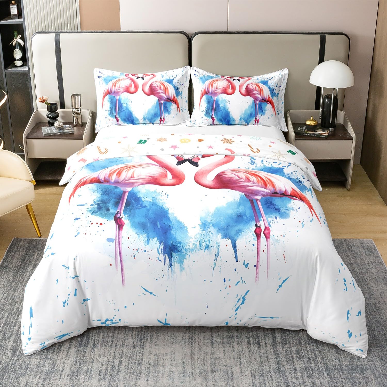 Housse de couette flamant rose parure de lit zippée anti-décoloration