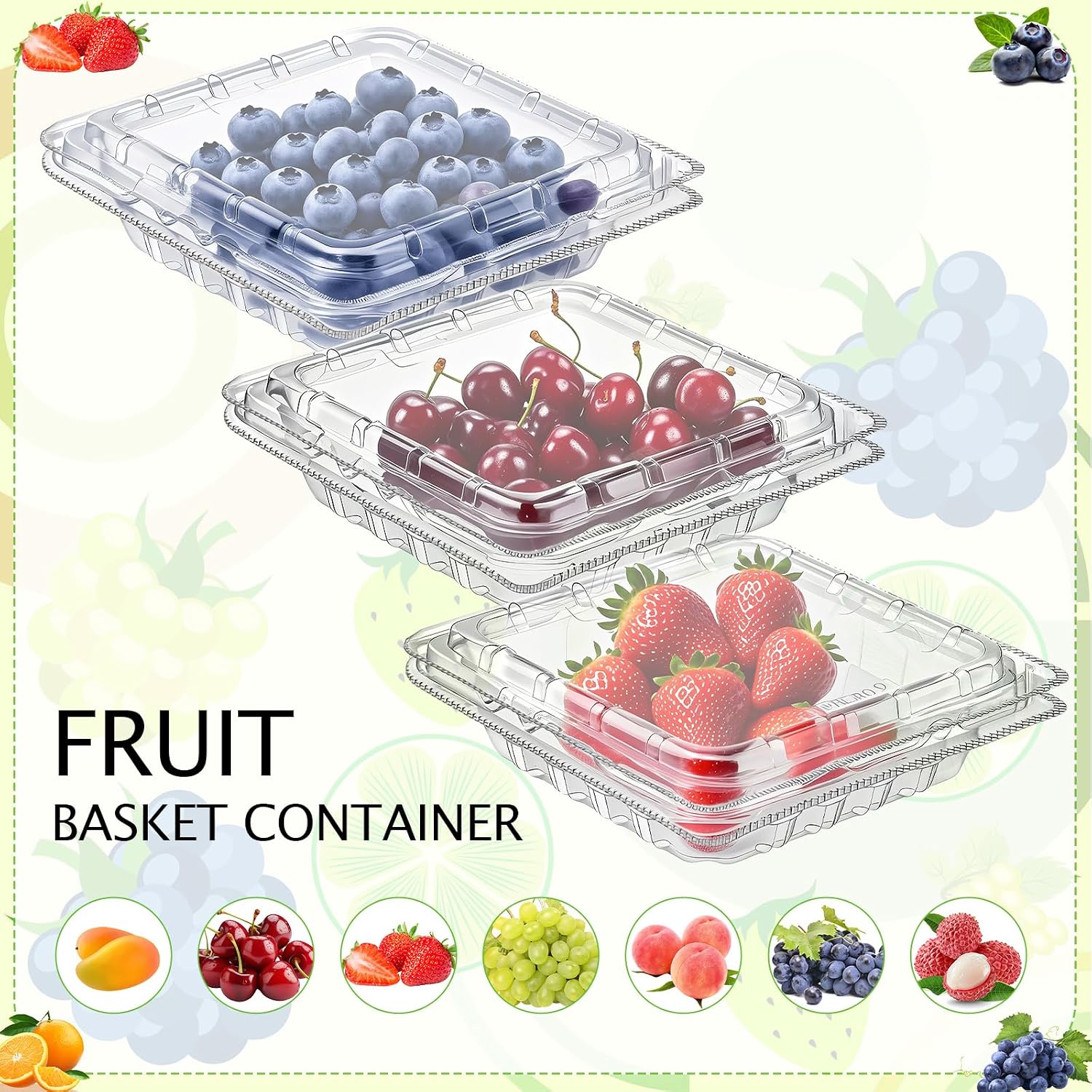 Baderke 60 Pcs Plastic Berry Basket with Clamshell Lids Clear Plastic Disposable Containers Fruit Produce Saver Containers for Blueberries Raspberries Blackberries Strawberries Cherry Tomatoes