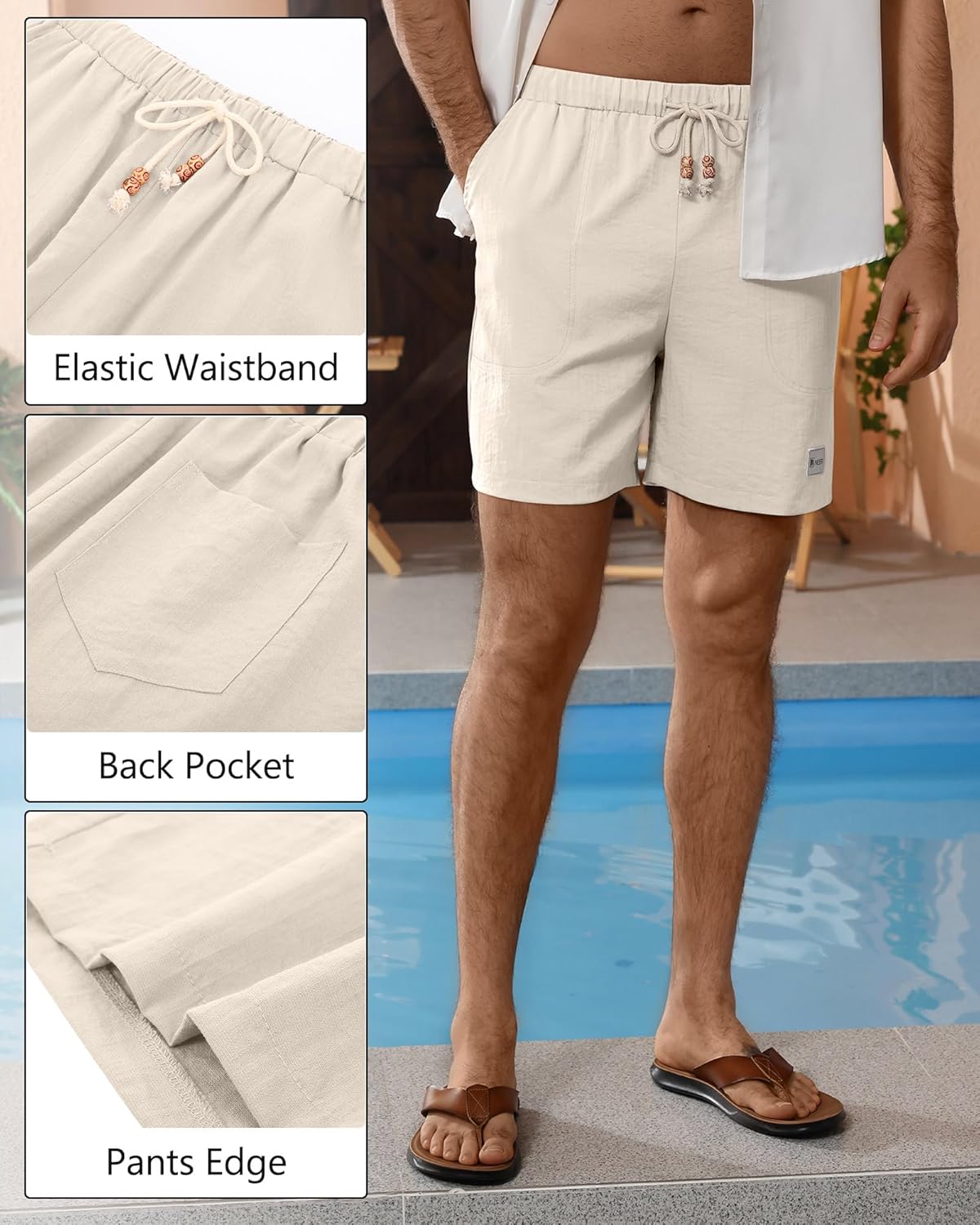 Neer 2 Pack Men's Linen Casual Shorts Elastic Waist Drawstring with Pockets Baggy Short Stretch Summer Athletic Beach Pants - Image 6