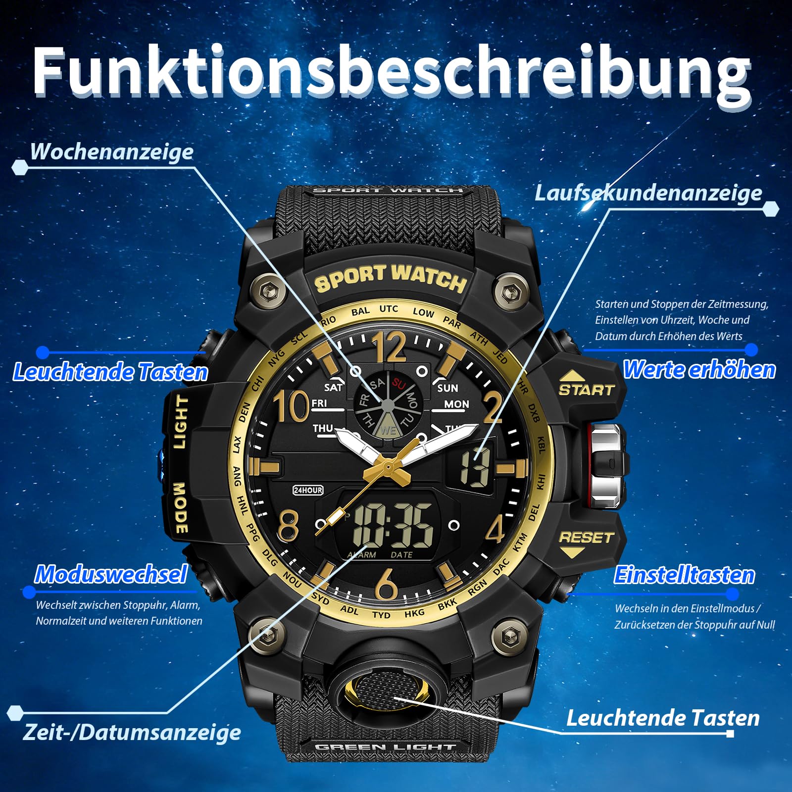 Montre de sport analogique numérique robuste pour homme, étanche 5 ATM, éclairage à quartz, résistante aux chocs, pratique pour la course, la randonnée, le camping