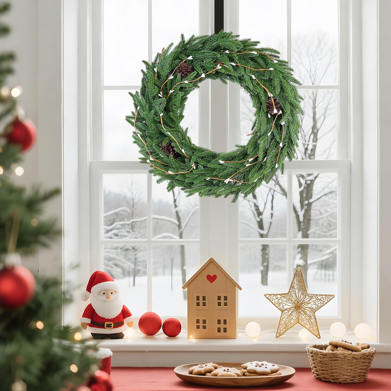 ELYKEN 22'' Christmas Wreath with 30 LED Lights for Front Door, Xmas Wreath with Hanger, Pre-Lit Artificial Wreath Christmas Decorations with Red Berry for Indoor Outdoor Use - Image 8