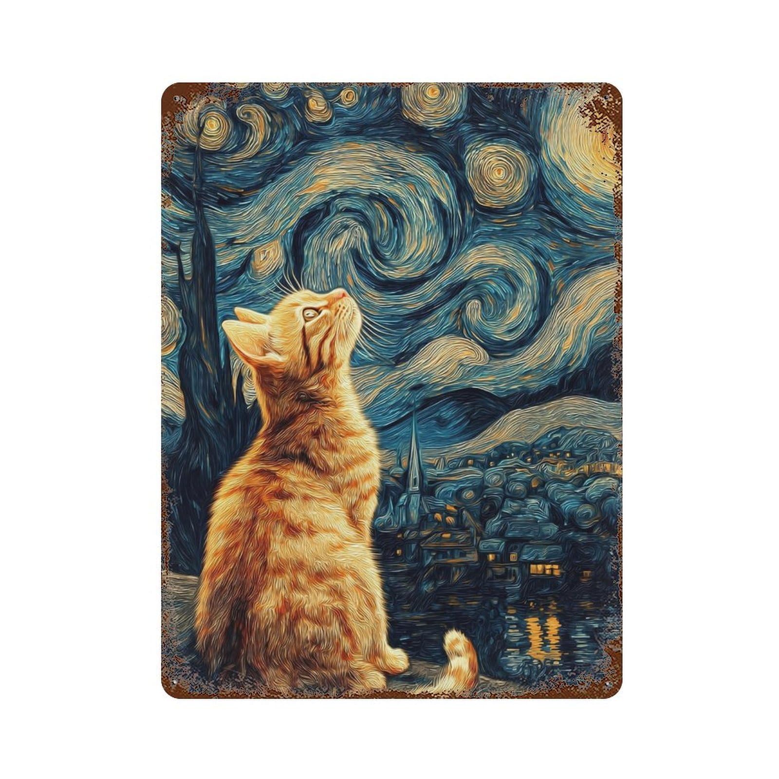 Starry Night Cat Art Print -14 15.7"x11.8" Vintage Rust Metal Sign, Novelty Wall Decor for Living Room, Hallway And Home Decor