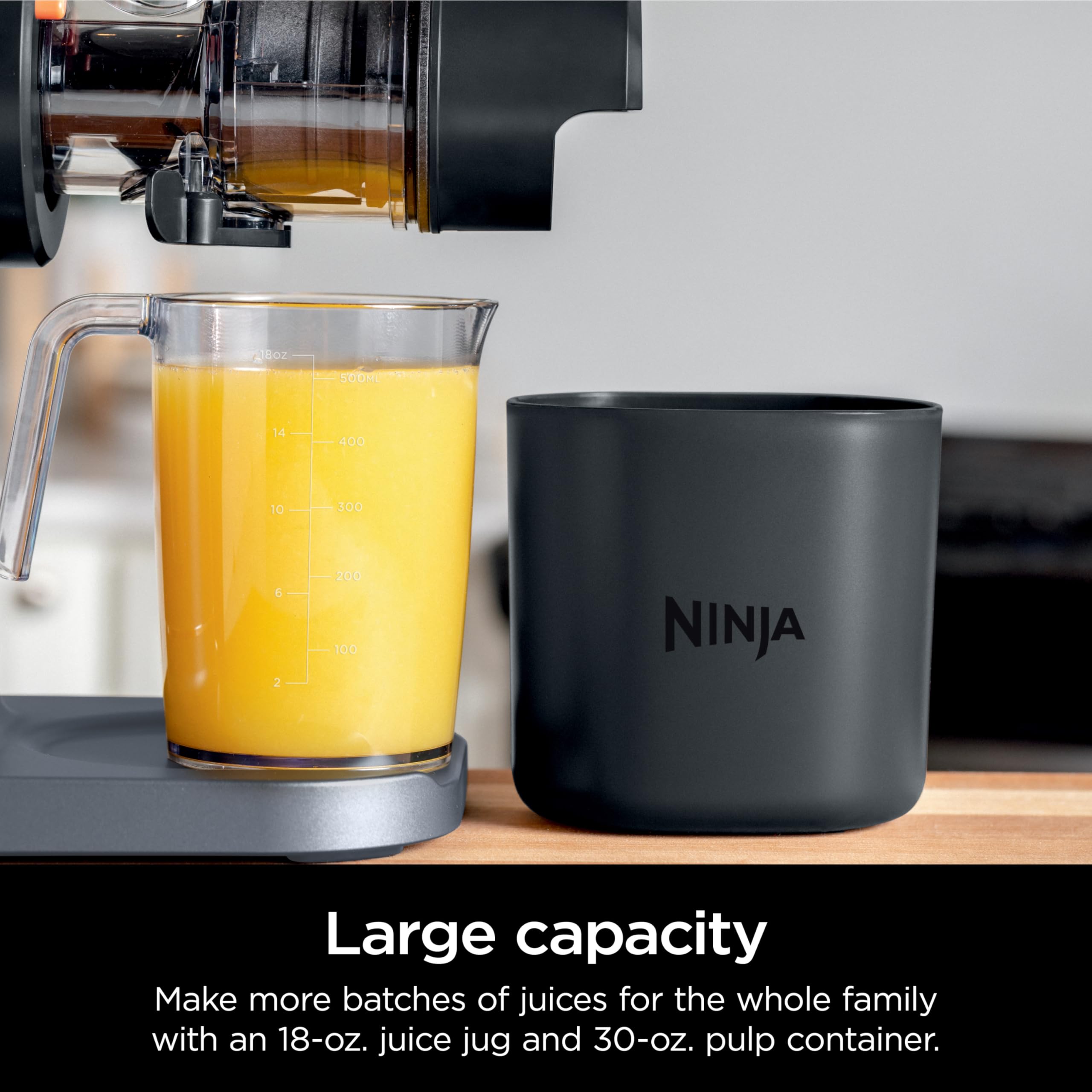 Ninja NeverClog 150 W Cold Press Juicer with 18oz Jug, 30oz Pulp Container, 2-Speed, Compact, Anti-drip lever (JC150) (Renewed)