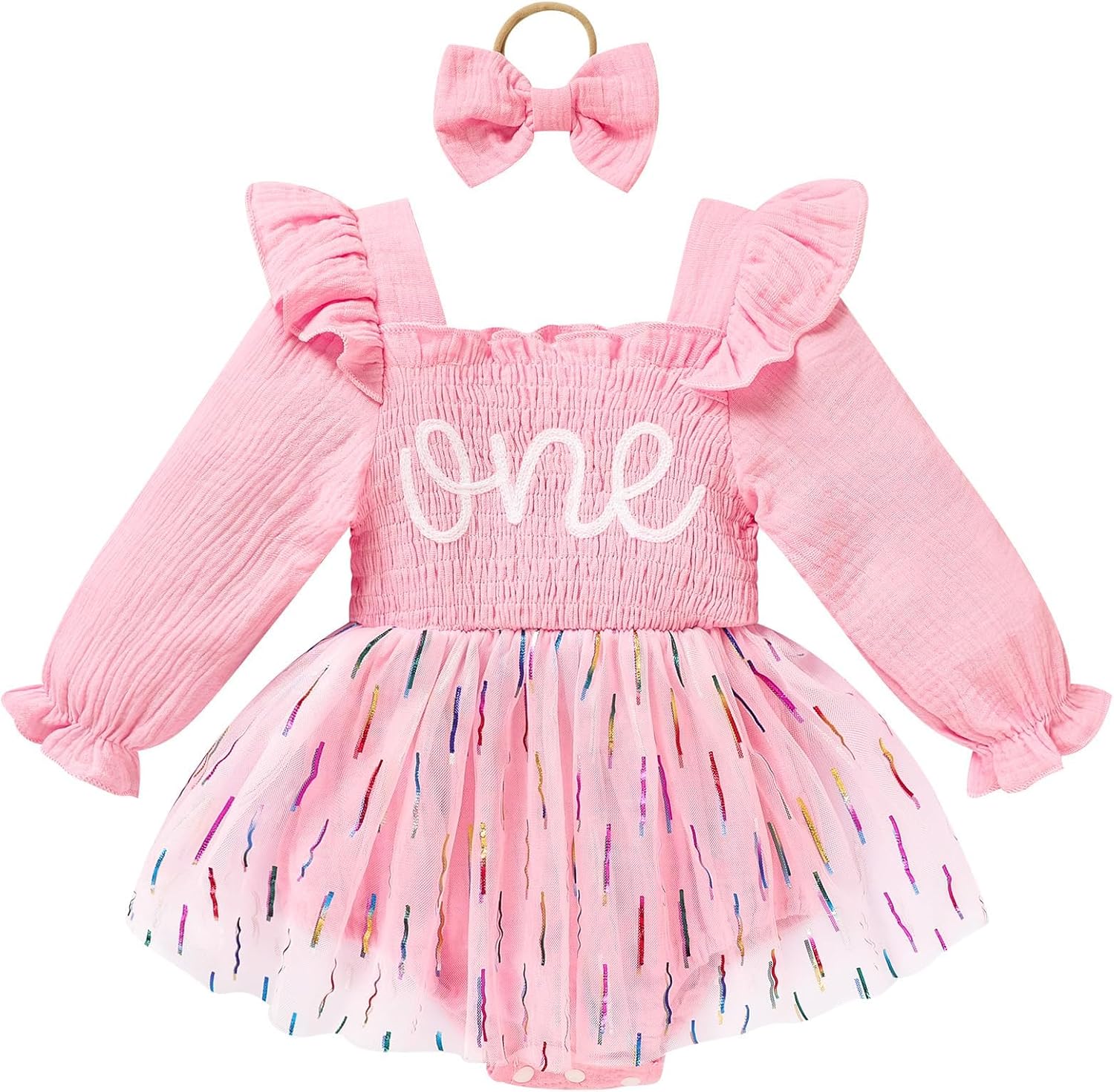 Baby Girl 1st Birthday Clothes One Year Old Tulle Romper Long Sleeve Bodysuit Cake Smash Outfits