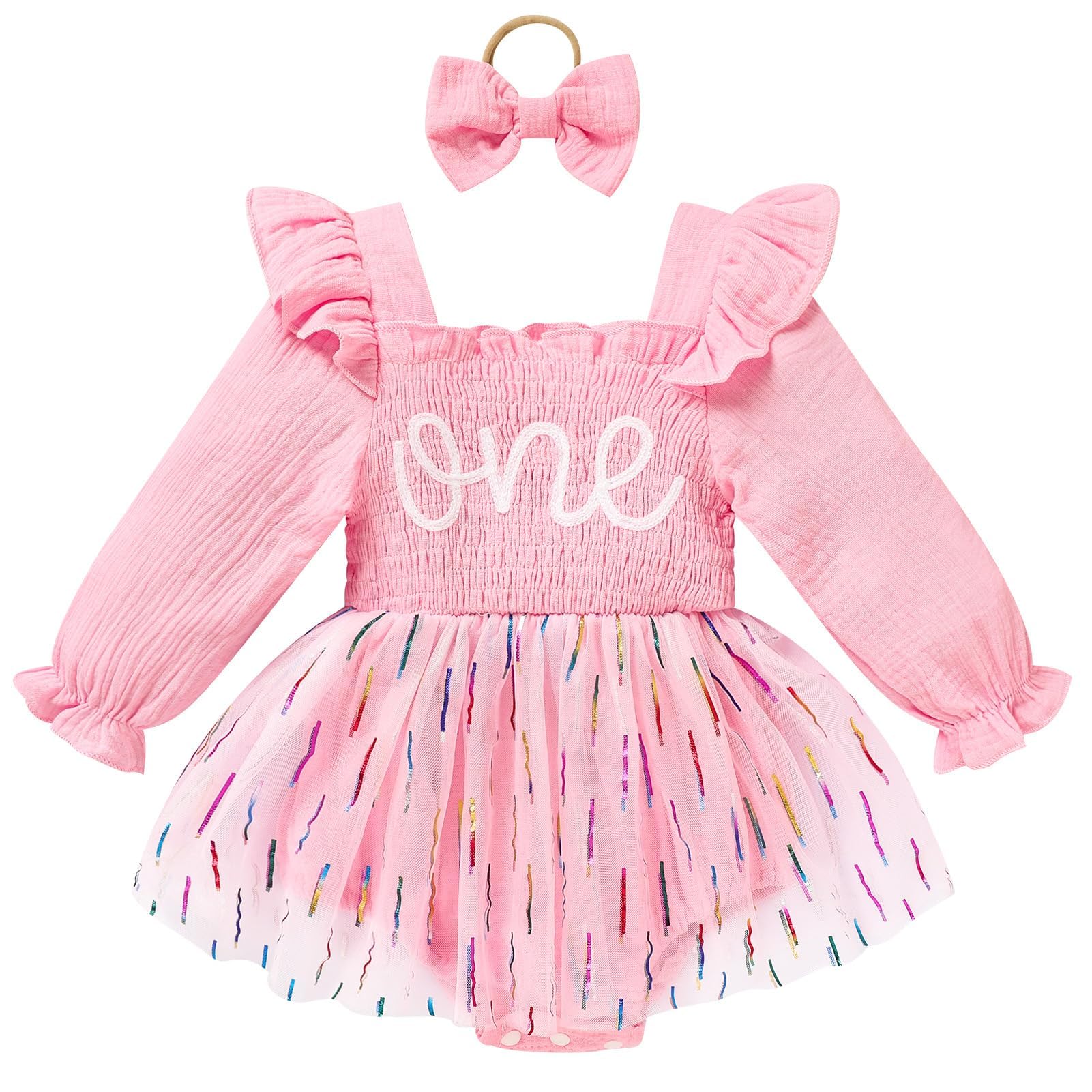 Baby Girl 1st Birthday Clothes One Year Old Tulle Romper Long Sleeve Bodysuit Cake Smash Outfits
