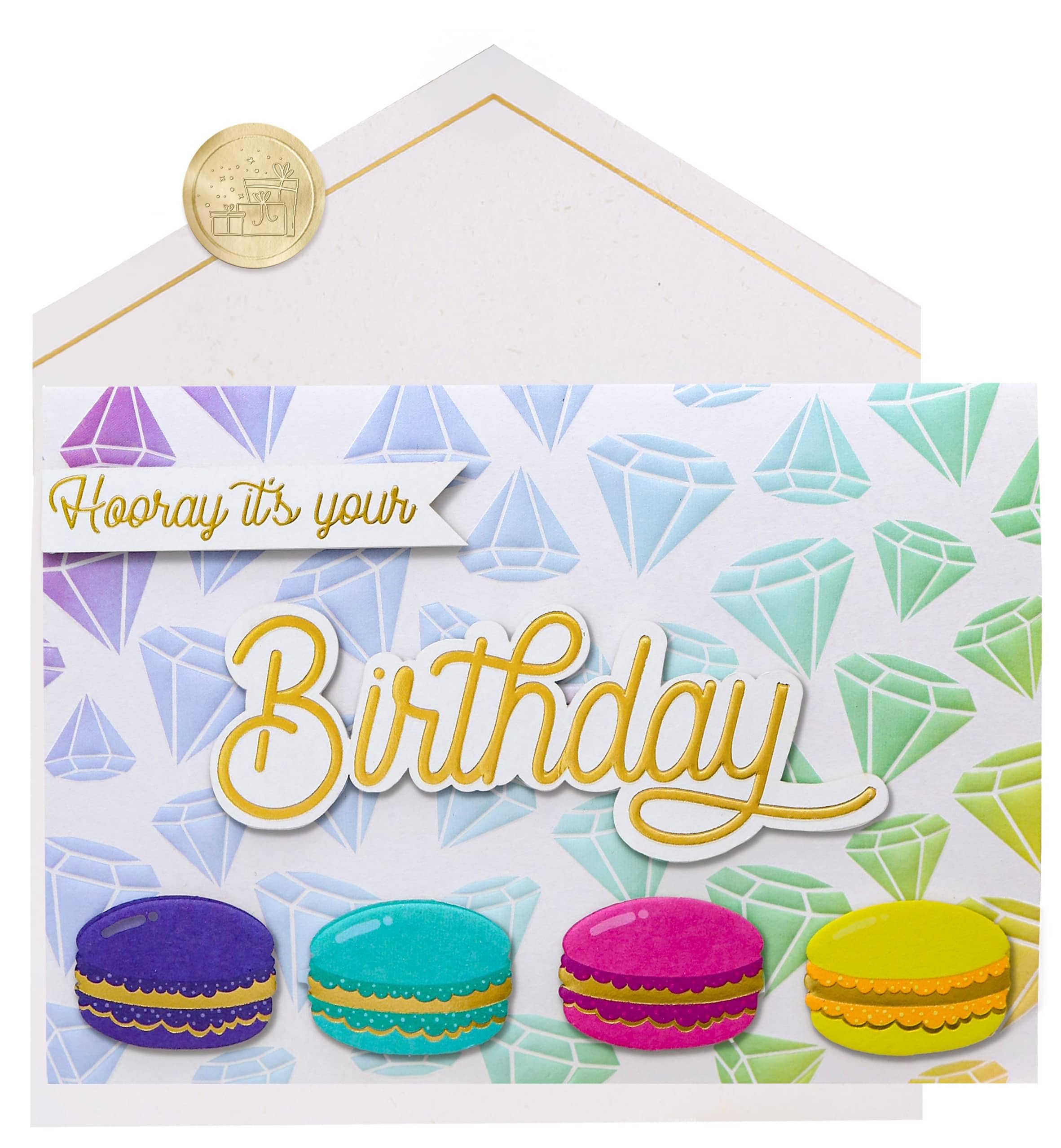Joli Coon Birthday Card SIGNATURE Hooray it’s your Birthday - Elegant 3D birthday card with diamond design & macarons - FinePaper envelope and golden seal sticker - 17 × 11.5 cm