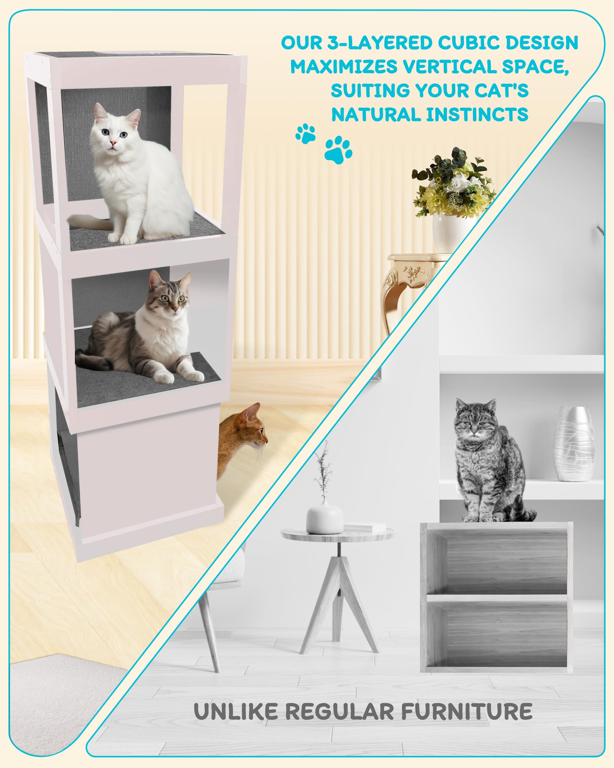 Skywin Modern Cat Tower Scratching Post White/Grey - Climbing Tower Great for Stand, House, or Scratcher - Unique Tree with Sisal Scratch Pads & Soft Felt Pads