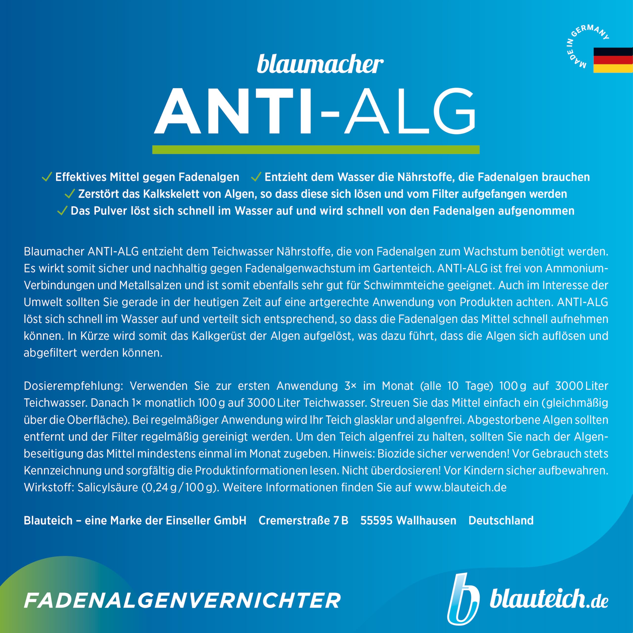blaumacher Anti-ALG Fadenalgenvernichter für Gartenteiche – Startbehandlung für bis zu 20.000 Liter Teichwasser – 2 kg