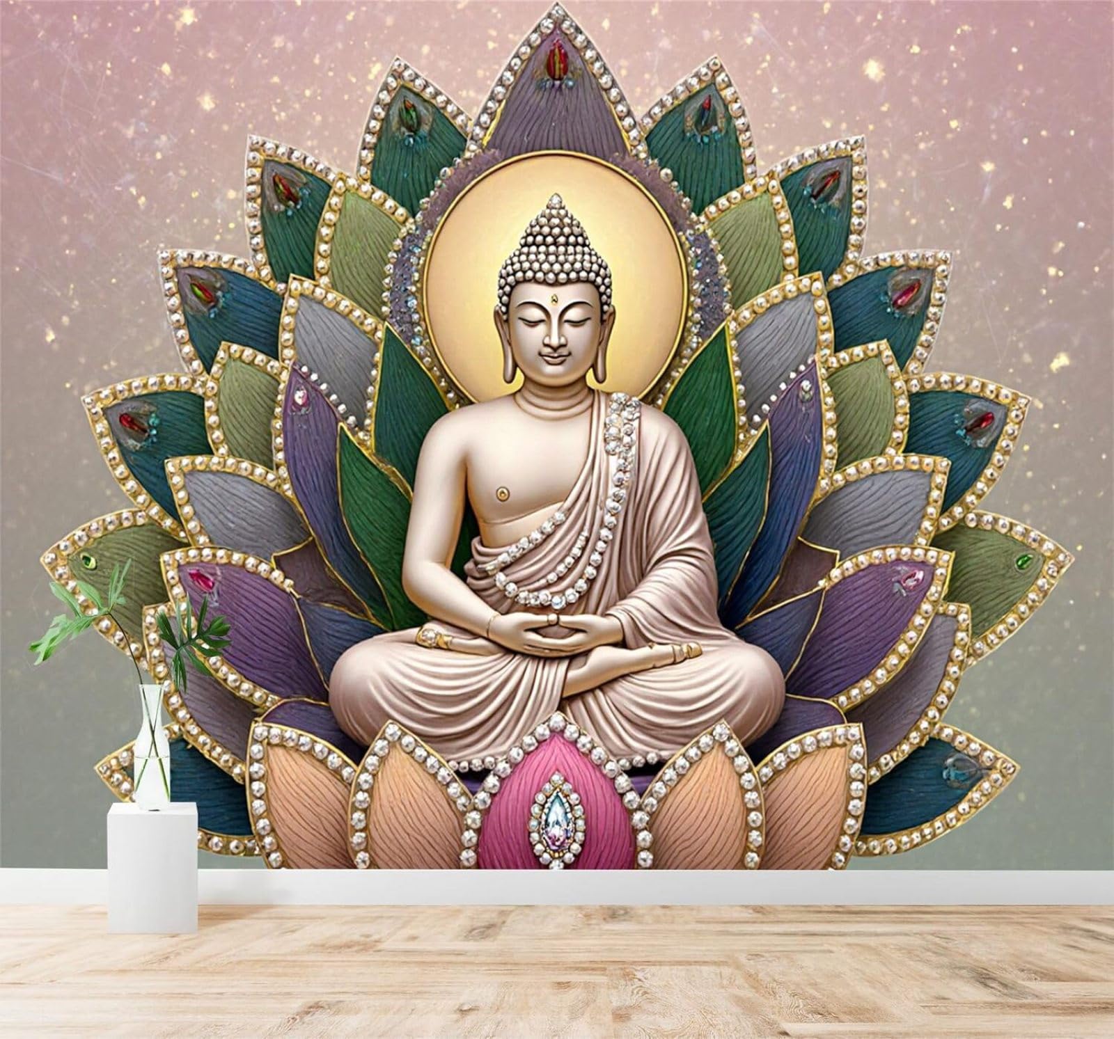 Xlming 200Cm×140Cm(B×H) Three Dimensional Colourful Lotus Buddha Statue Gold Golden Light 3D Wallpaper Silky Texture Home Study Office Grey Dining Room Sofa Bedroom Living Room Tv Backdrop-200Cm×140Cm