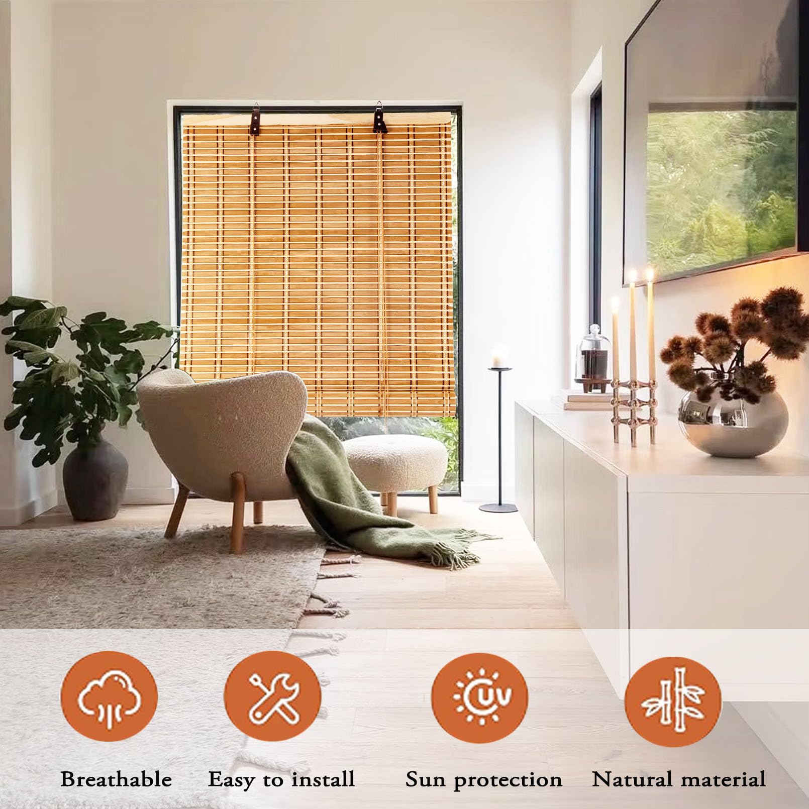 Store à Rouleau en Bambou Naturel,Stores Bambou,Store Venitien Bois,Store Enrouleur Exterieur,Store Fenetre Occultant,75% Protection Solaire Intimité Écran,Respirant/écologique (80x160cm/32x63in)
