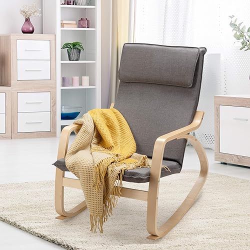 Miniatura 8 de Giantex Mecedora con cojín tapizado extraíble, marco de madera estable, sillón relajante y moderno para ocio, adecuado para sala de estar,