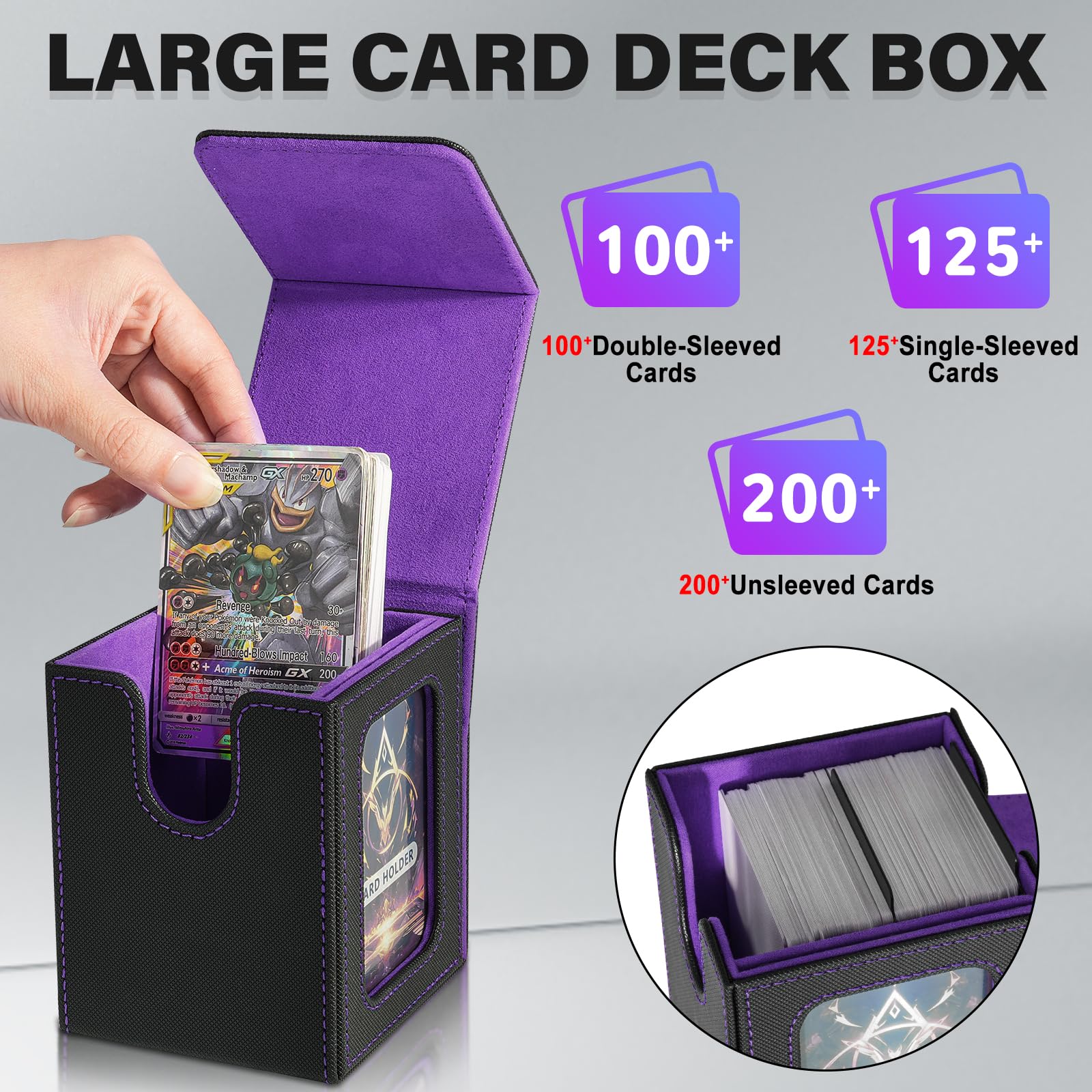 Jaffzora Card Deck Box for MTG Commander Magnetic Card Display Case, TCG Card Storage Box, Holds 100 Double-Sleeved Cards, Black&Purple - Image 4
