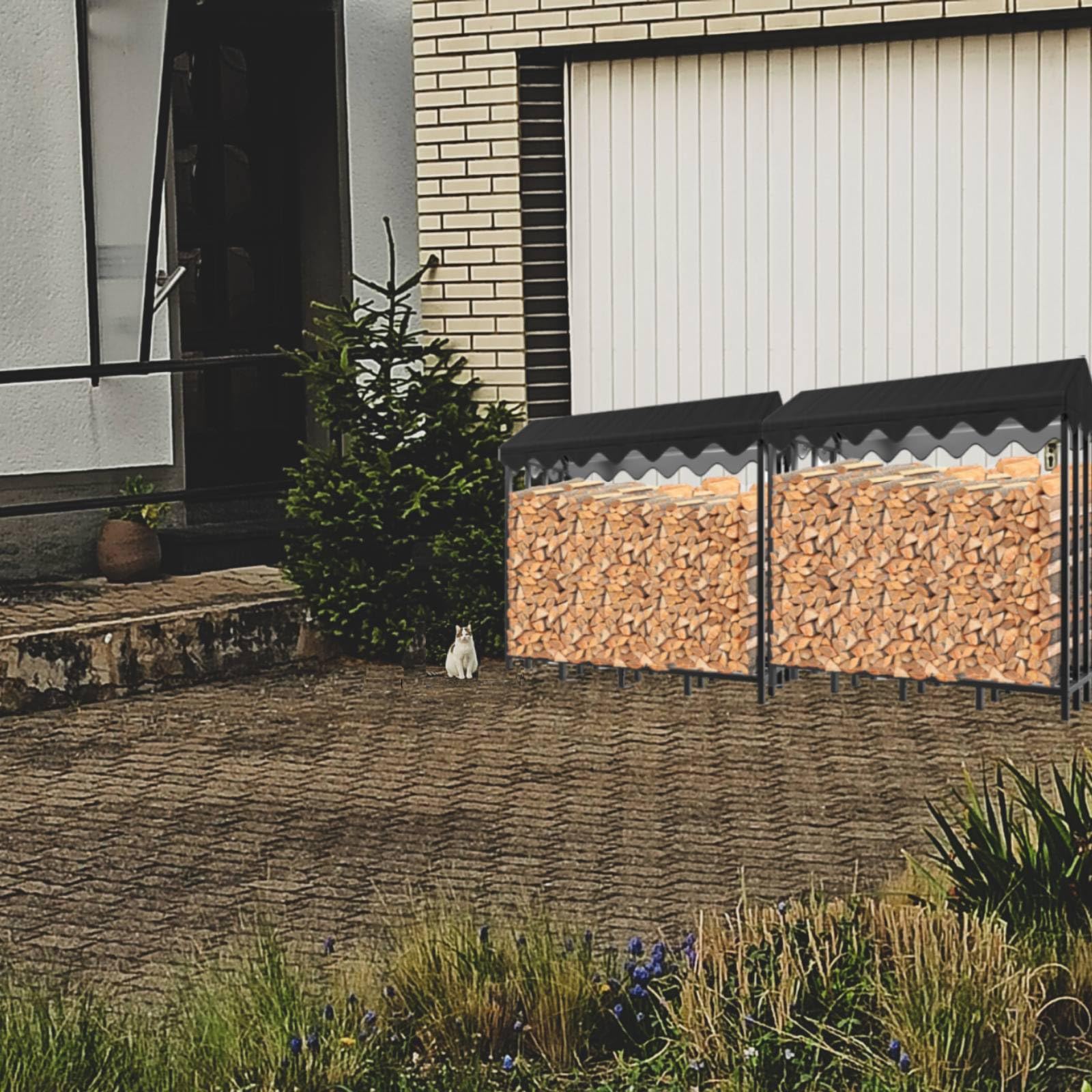 Himimi Rastrelliera per legna da ardere in metallo per esterni 185 x 70 x 185 cm, ricovero per legna da ardere per esterni, rastrelliera per legna da ardere con copertura protettiva